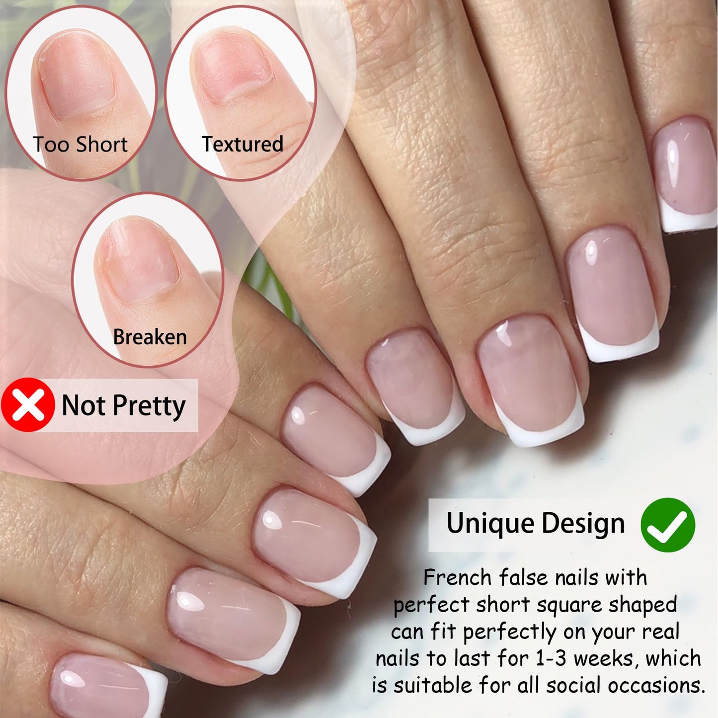 NLFOX 24Pcs French Tip False Nails Short - Press on Nails - Fake Nails with Glue - Nude White Stick on Nails - Full Cover Acrylic Square False Nail Tips for Women Girls Nail Art
