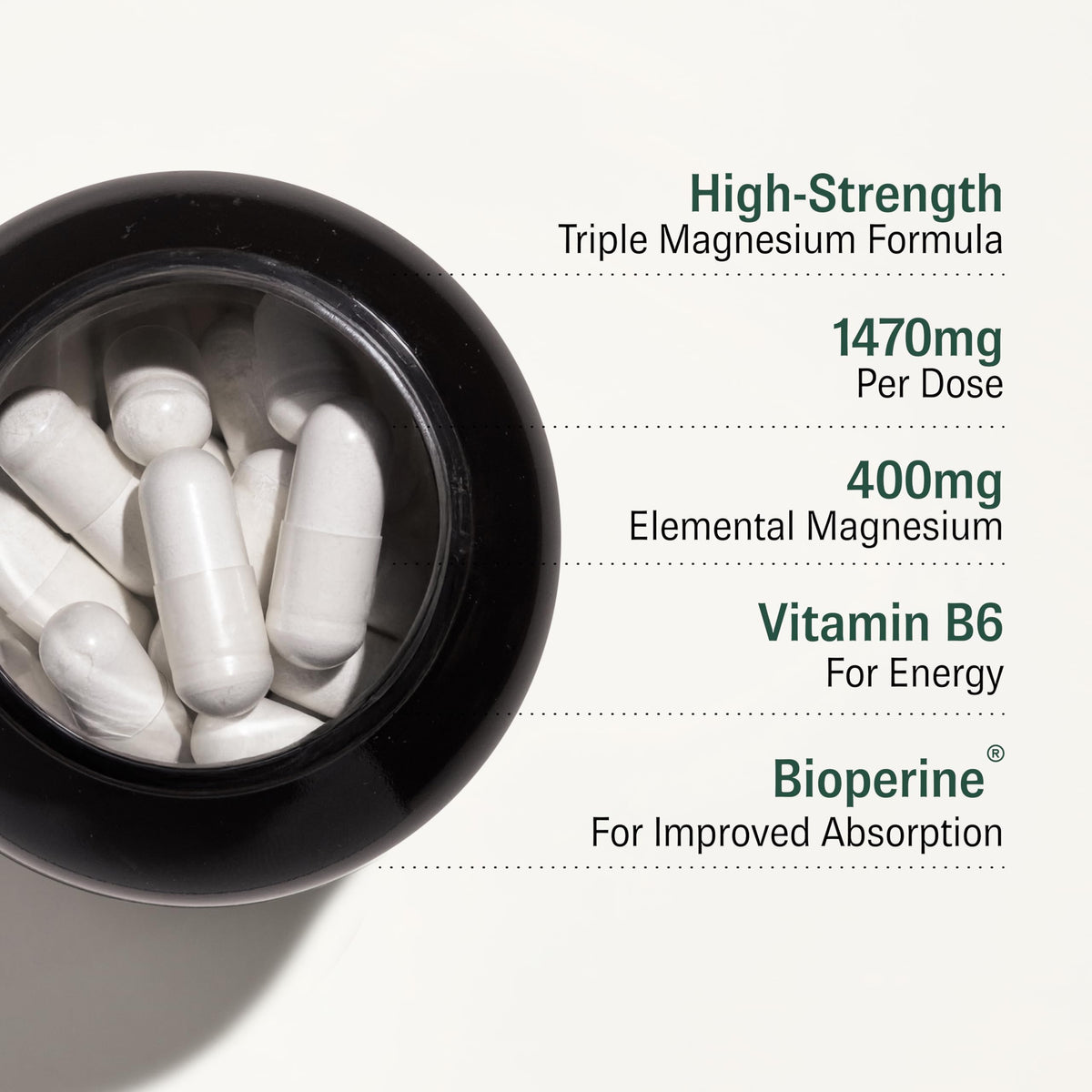 Vital Haven Magnesium Supplement - Citrate + Glycinate + Taurate with Vitamin B6 and BioPerine - 2 Capsules - UK Made