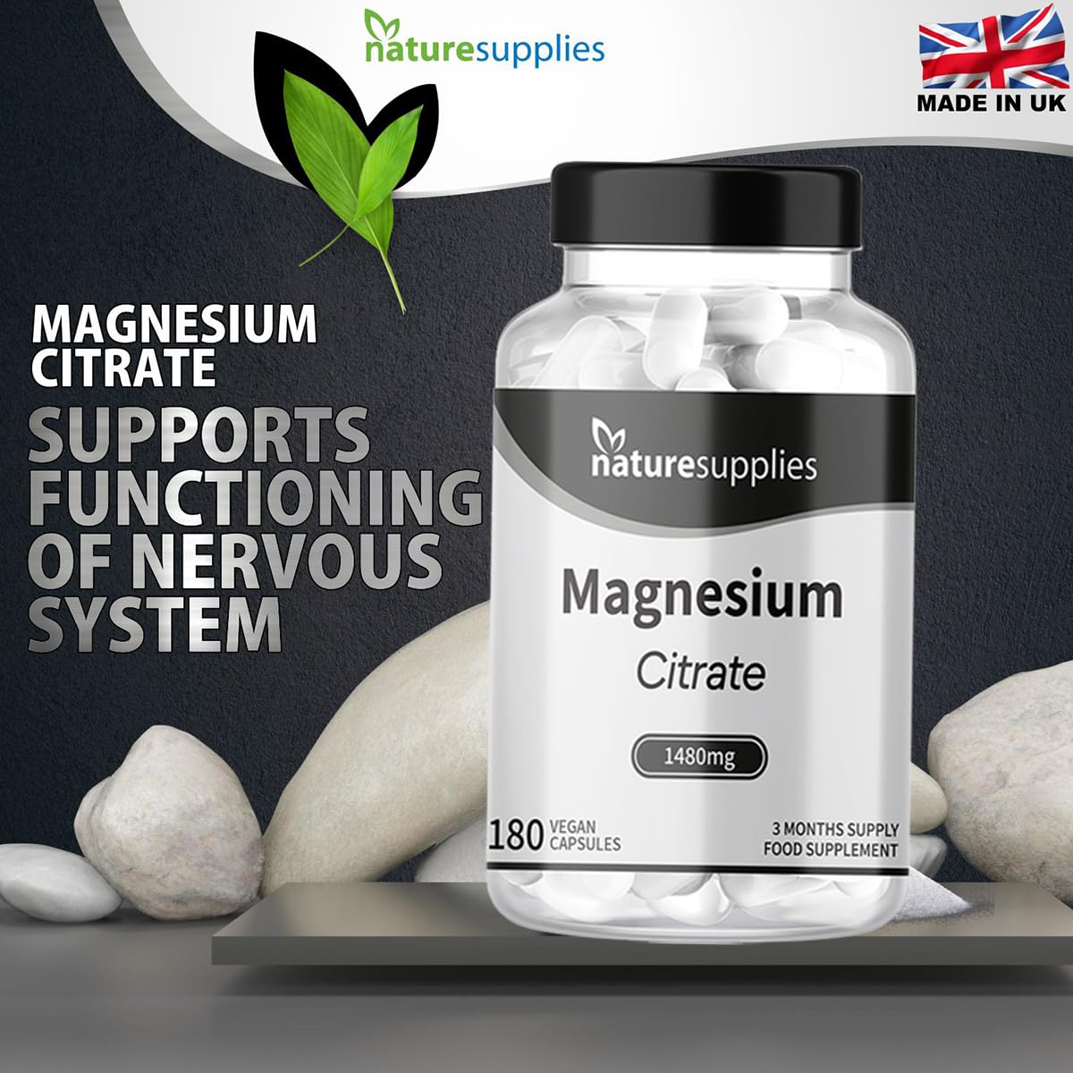 Magnesium Citrate Capsules 1480mg, 180 Per Bottle 3 Months Supply UK-Made, High Absorption Magnesium Supplements, Contributes to The Normal Function of Bones, Teeth, Energy - Naturesupplies…