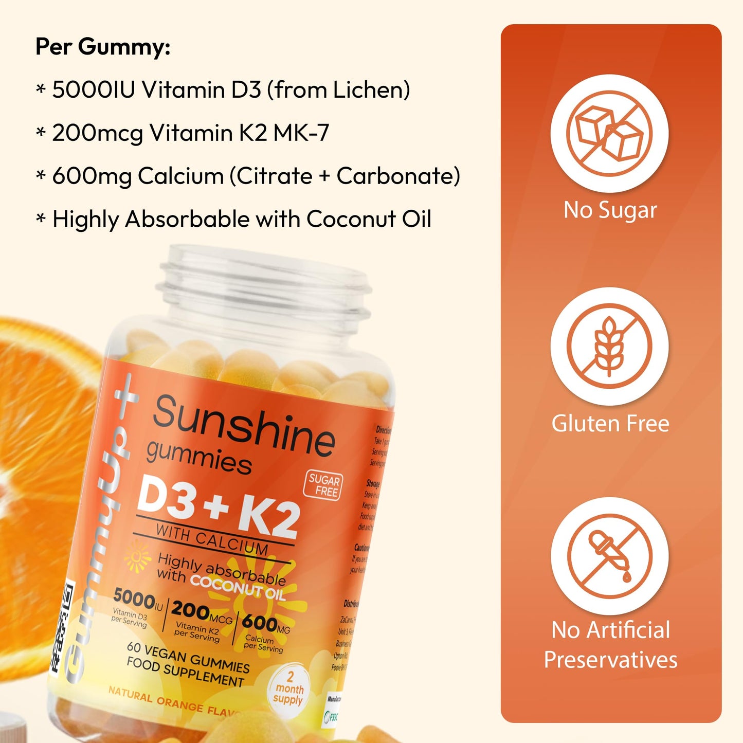 GummyUP+ Sunshine D3 + K2 MK-7 Immunity Gummies | Sugar-Free | 2-Month Supply | with Calcium | 5000 IU Vitamin D3 | Vegetarian | GummyUp+