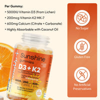 GummyUP+ Sunshine D3 + K2 MK-7 Immunity Gummies | Sugar-Free | 2-Month Supply | with Calcium | 5000 IU Vitamin D3 | Vegetarian | GummyUp+