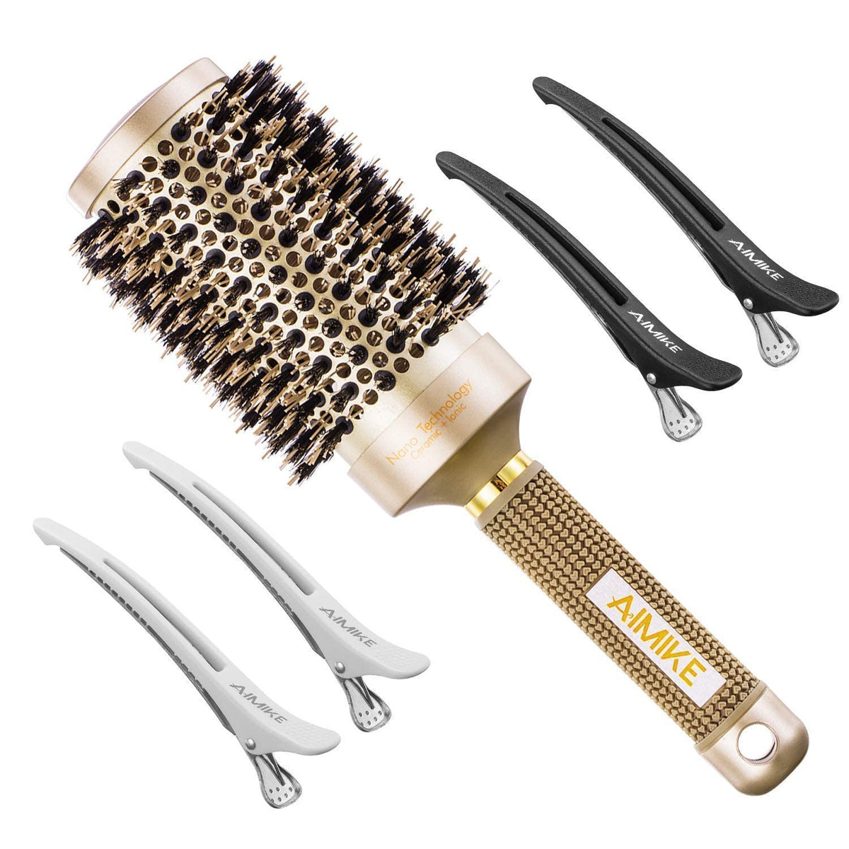 AIMIKE Round Brush, Nano Thermal Ceramic & Ionic Tech Hair Brush, Round Barrel Brush with Boar Bristles, Enhance Texture for Hair Drying, Styling, Curling and Shine (Barrel 2.1 inch) + 4 Free Clips by Aimike