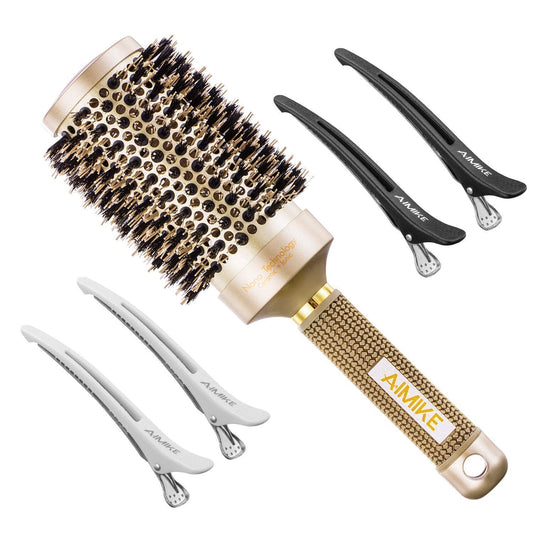 AIMIKE Round Brush, Nano Thermal Ceramic & Ionic Tech Hair Brush, Round Barrel Brush with Boar Bristles, Enhance Texture for Hair Drying, Styling, Curling and Shine (Barrel 2.1 inch) + 4 Free Clips by Aimike
