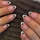 NLFOX 24pcs Short False Nails with Glue - French Tip Press on Nails Almond - Black Bow-Tie Stick on nails French Tip - Nude Fake Nails Glue on - Elegant Almond nail Tips Full Cover for Women Girls Long Last