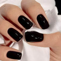 BETESSIN 32 Pcs Black Nails Tips Short Fake Nails with Glue Square Press on Nails Removable Glue-on False Nails for Halloween Women Girls Nail Art Accessories