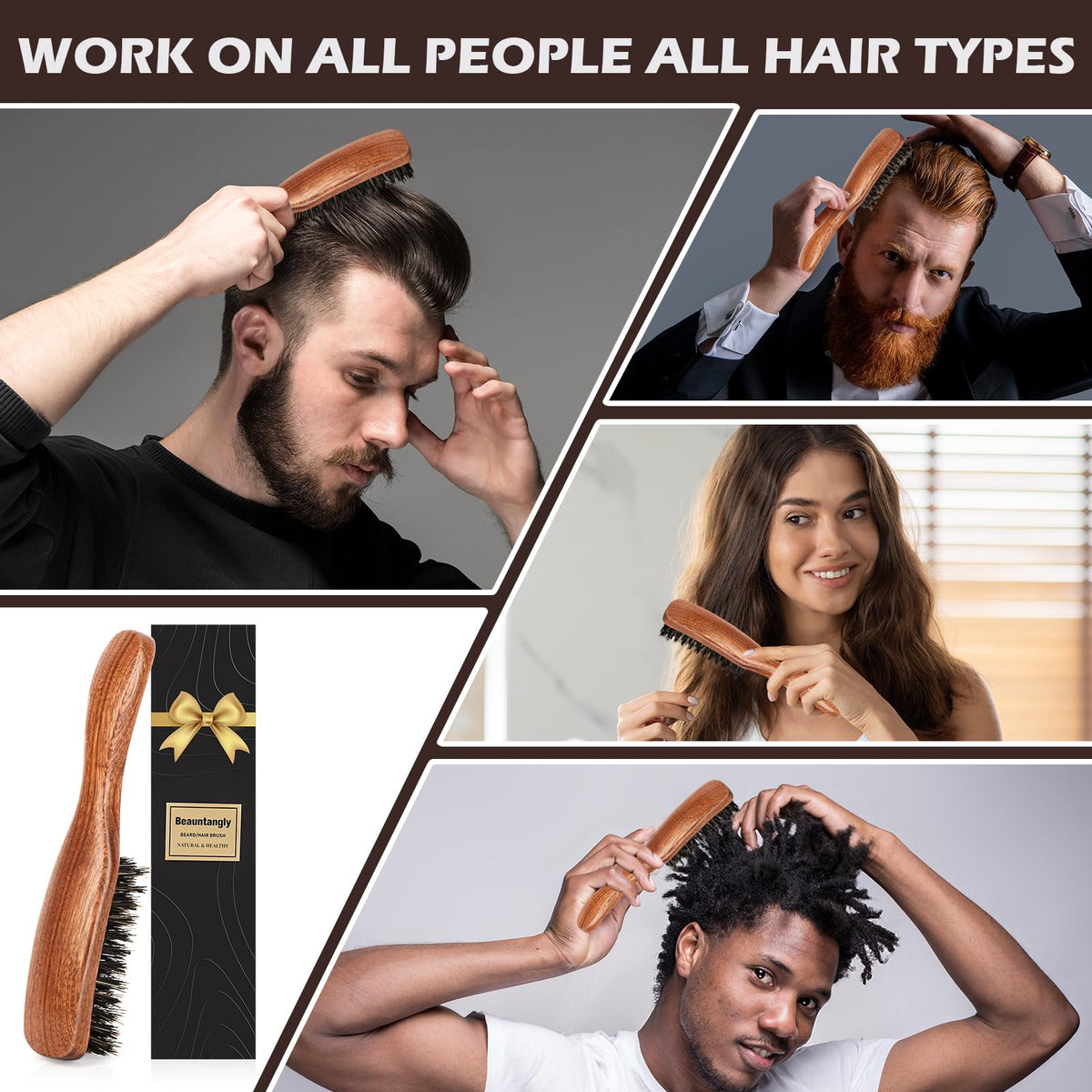 BEAUNTANGLY Hair Brush for Men, 100% Boar Bristle Hair Brush for Men Women’s Hair Smoothing, Styling, Detangling, Moisturizing, Adding Shine, Improving Blood Circulation, Promoting Hair Growth