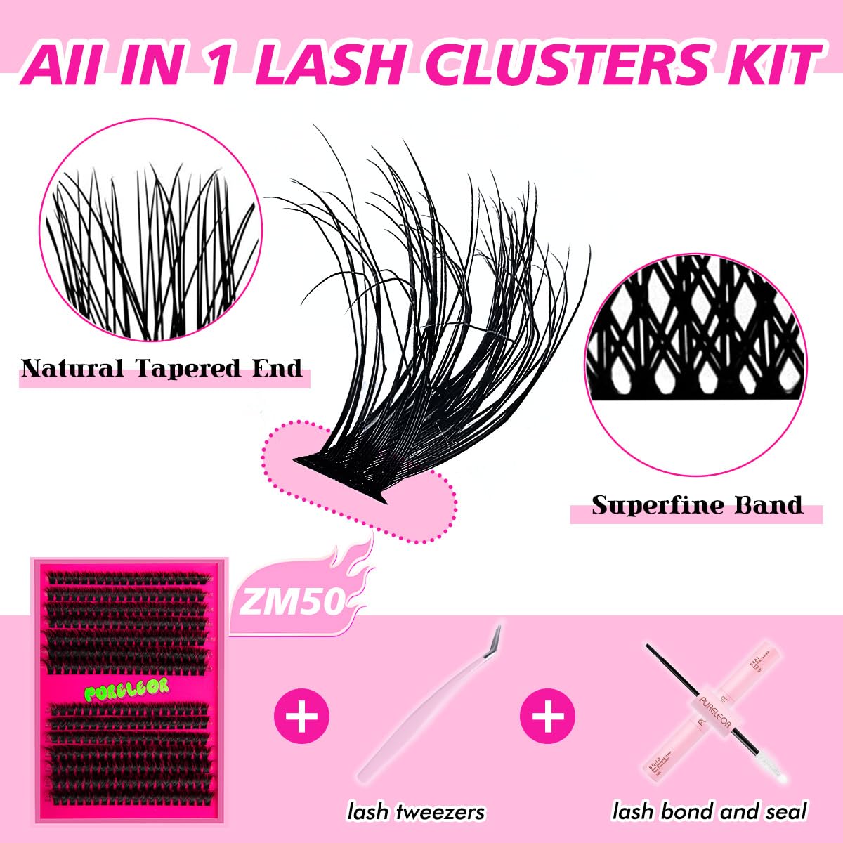 PURELEOR DIY Eyelash Extension Kit Cluster Lashes 50D Curl 10-16mm Mixed DIY Lash Extensions with 2 in 1 Bond and Seal Applicators