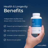 Zinc L-Carnosine 37mg x 120 Capsules - Over 99% Purity Third Party Tested - Gut Health Zinc L-Carnosine Supplement - Vitality Pro