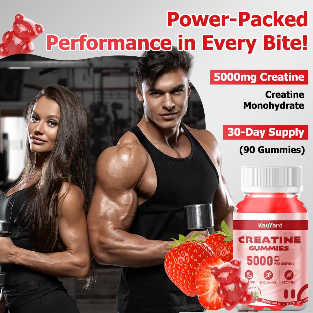 KauYard Creatine Monohydrate 5000mg Gummies - Sugar Free Muscle Support Supplement with Electrolytes & Vitamin D3 | Strawberry Flavour Chewable Creatine for Athletes & Fitness