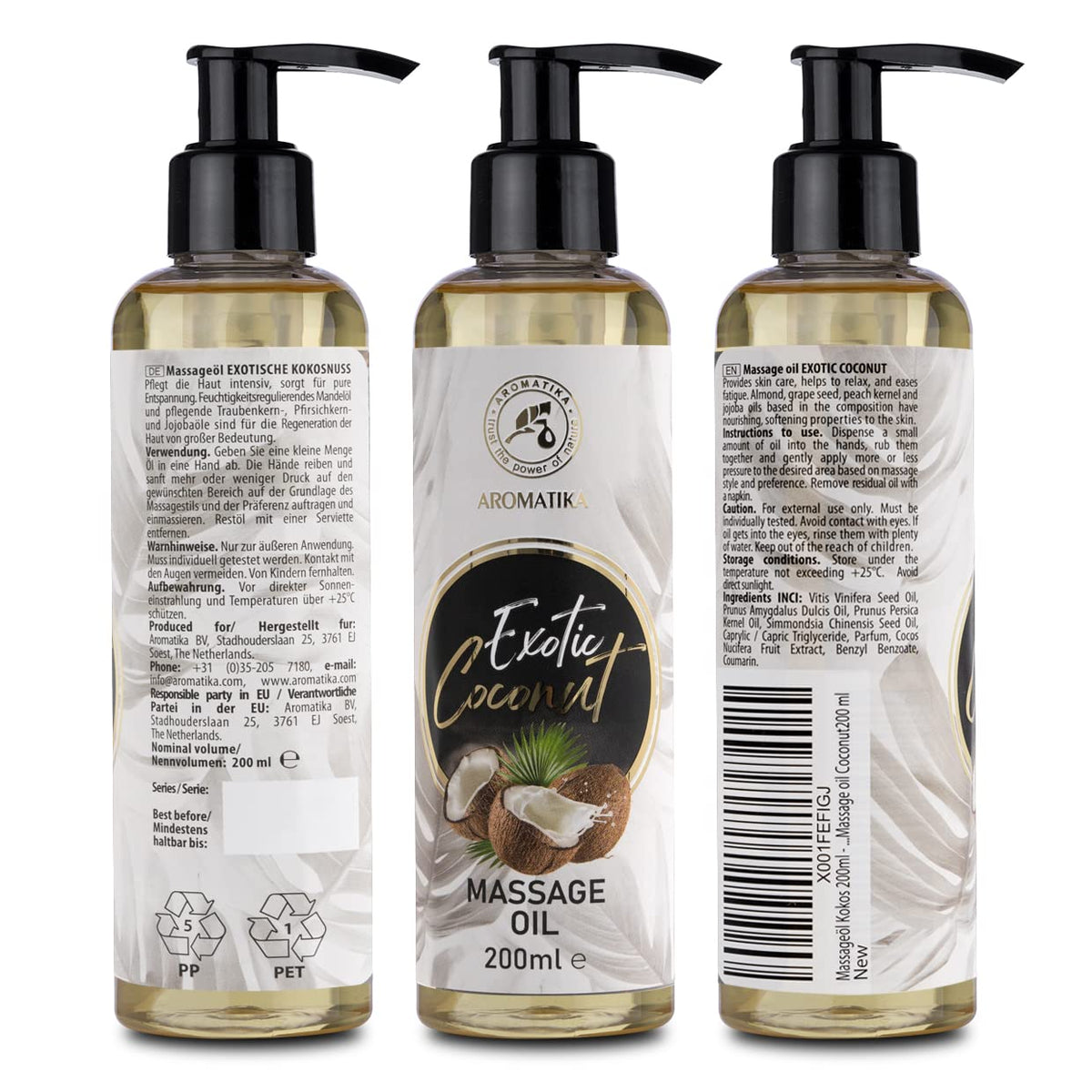AROMATIKA trust the power of nature Coconut Massage Oil - 200ml, Jojoba, Almond, Grapeseed, Peach Kernel Oils - Aromatherapy, Relax, Good Sleep, Calming