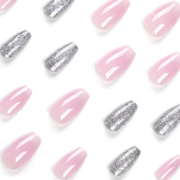Angwis 24pcs Short Coffin False Nails Glitter Silver Stick on Nails Pink Ombre Press on Nails Removable Glue-on Nails Acrylic Full Cover Fake Nails Women Girls Nail Art Accessories