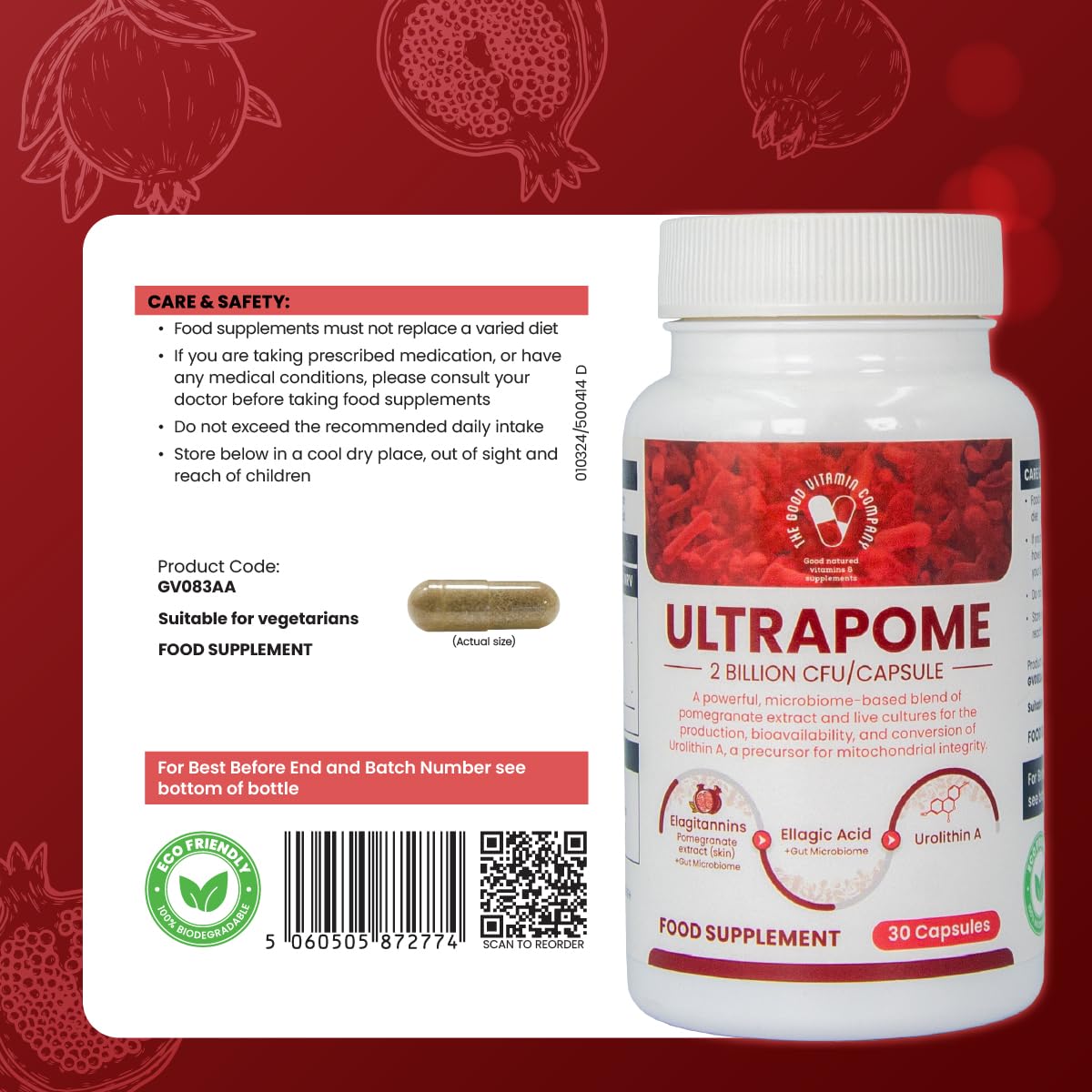 The Good Vitamin Company Ultrapome: 30 Vegetarian Capsules, Pomegranates + Live Cultures/Microbiome, Ellagitannins, Urolithin A Supplement, Cellular Health Complex for Mitochondrial Health, Mitophagy, Energy Support