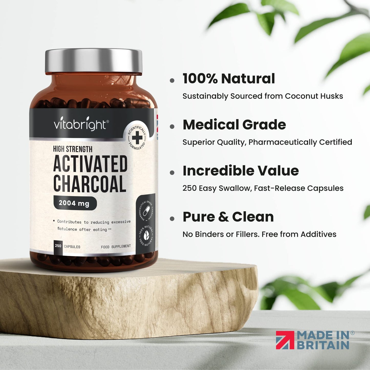 Activated Charcoal Capsules - 250 Capsules - 2004mg per Serving of 6 Capsules - from Natural Coconut Shell - for Indigestion, Bloating, Excessive Flatulence, Gas - Vegan - Made in UK by VitaBright