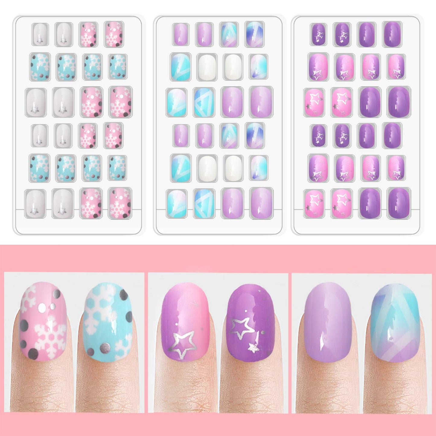 Laza 120pcs Nails Press On Pre-glue Full Cover Glitter Gradient Color Rainbow Sparkling Scale Wave AquariusShort False Nail Kits for Teenager Girls - Silver Pearl
