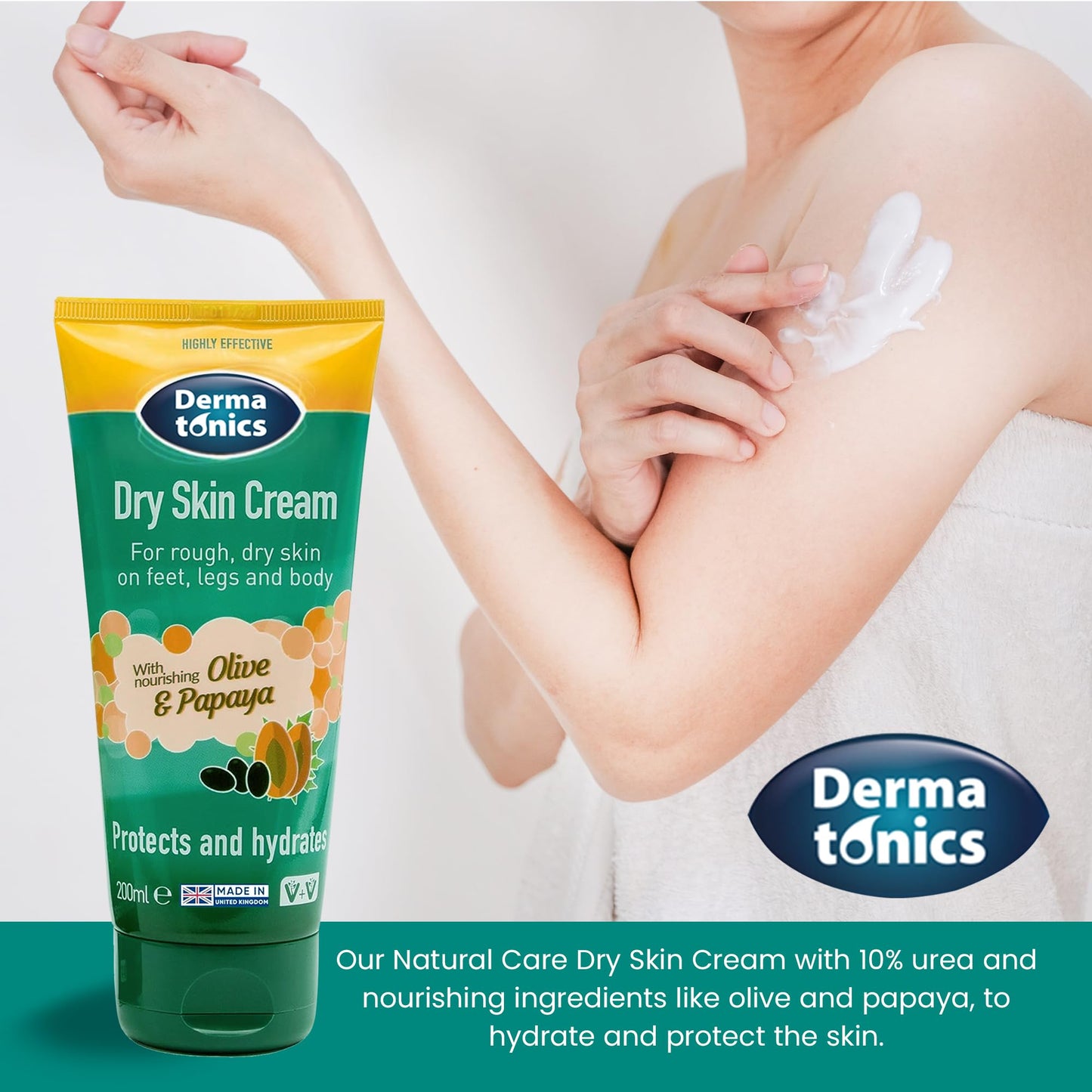 Dermatonics Natural Care Dry Skin Cream | Enriched with 10% Urea, Olive & Papaya Extracts | Suitable for Diabetics | Long lasting Hydration & Gentle Scent | Vegan Friendly | 200 ml