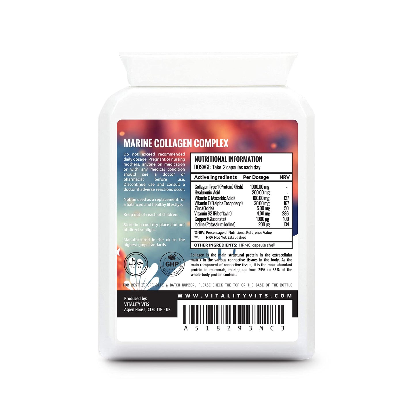 VITALITYVITS Marine Collagen Complex Type 1 - 90 Capsules - Hyaluronic Acid - Hair, Skin, Nails & Joint Support - UK Formula