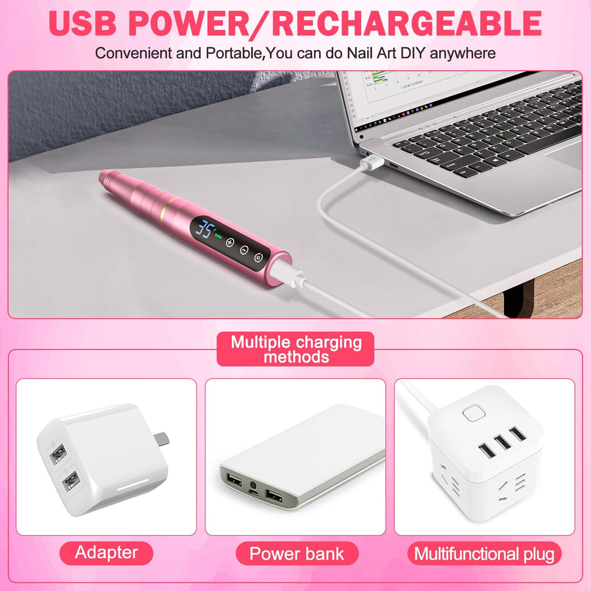 Nail girl Nail Drill NAILGIRLS Rechargeable Cordless Nail Drill Machine, Portable Electric Nail Drill 35000RPM Professional Electric Nail File for Acrylic Gel Nails, Efile Manicure Pedicure Polishing, Pink