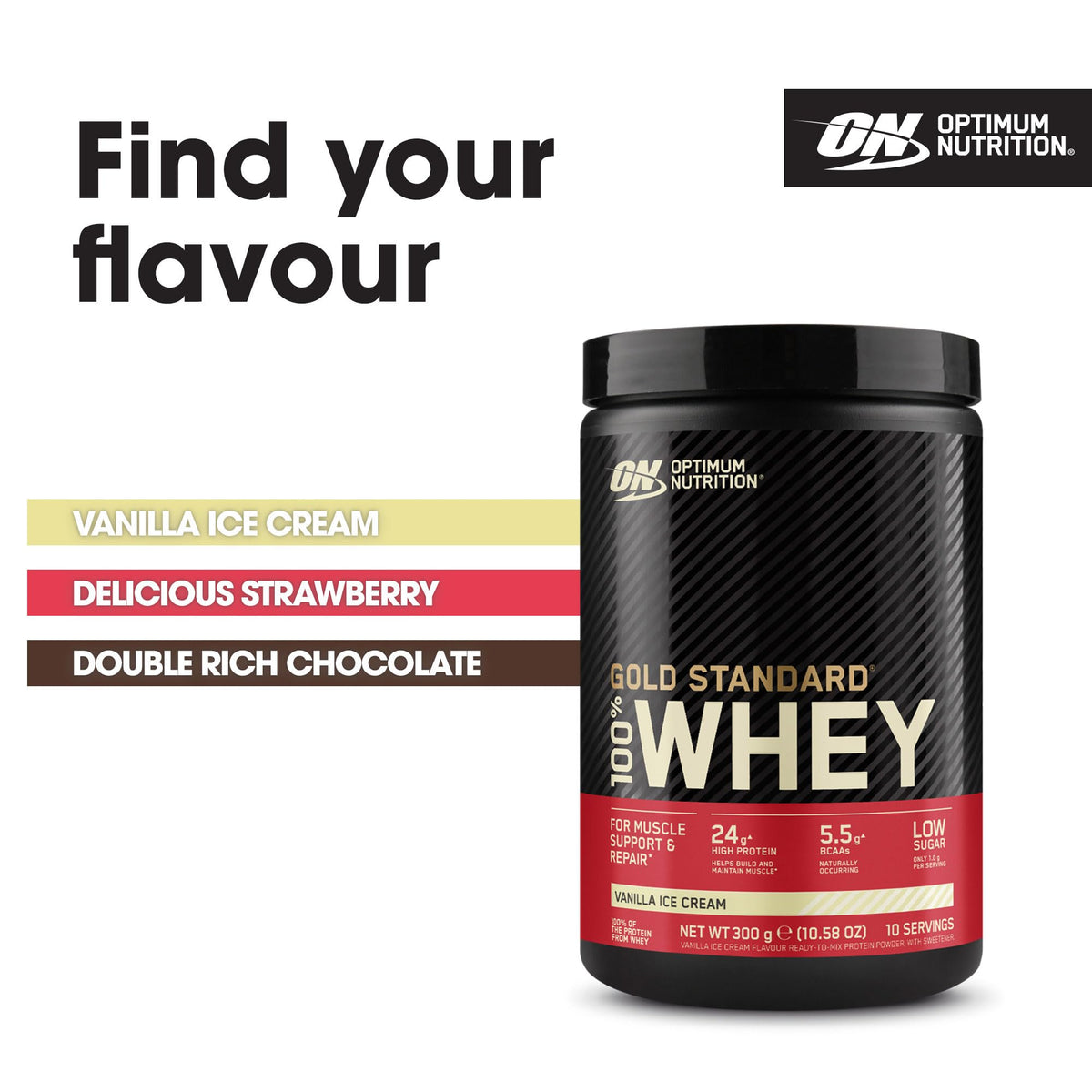 Optimum Nutrition Gold Standard 100% Whey Muscle Building and Recovery Protein Powder with Naturally Occurring Glutamine and BCAA Amino Acids, Vanilla Ice Cream Flavour, 10 Servings, 300g