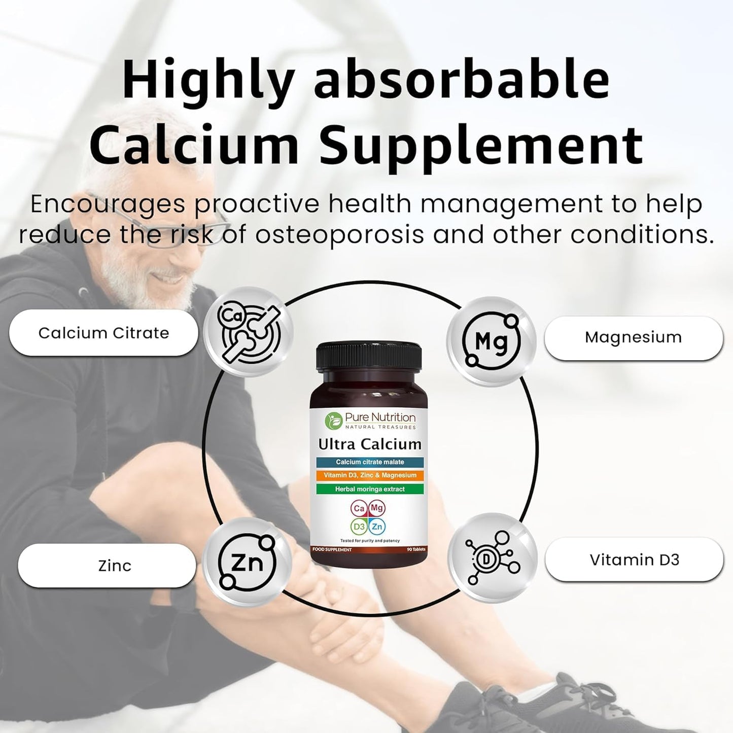 PURE NUTRITION NATURAL TREASURES Pure Nutrition Ultra Calcium 1000mg with VIT D3 + K2 | 90 Tab | Highly absorbable Calcium Supplement with Calcium Citrate Malate, VIT D3, K2 (90 Count (Pack of 3))