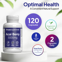 Simply Supplements Acai Berry 5,000mg Capsules | with Vitamin C | Supports Immune System & Collagen Formation | Freeze-Dried Extract | Vegan Friendly | 120 Capsules = 2-Month Supply | UK Made