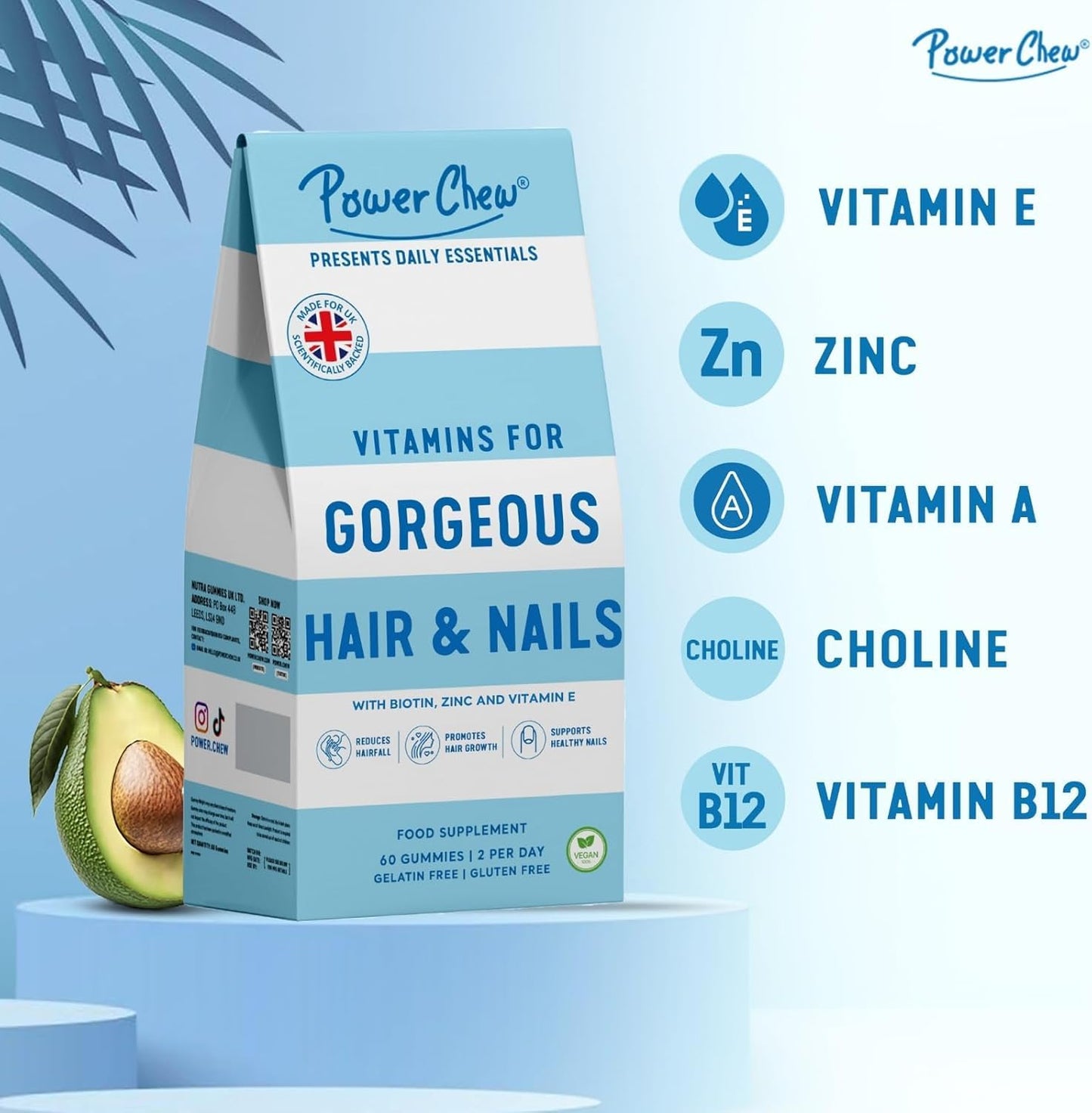 Power Chew Vitamins for Gorgeous Hair and Nails | Gummies for Women & Men | 60 Gummies 1 Month Supply | Healthy Nutrition Suitable for Vegetarians and Vegans | Super Tasty Food Supplement for Adults