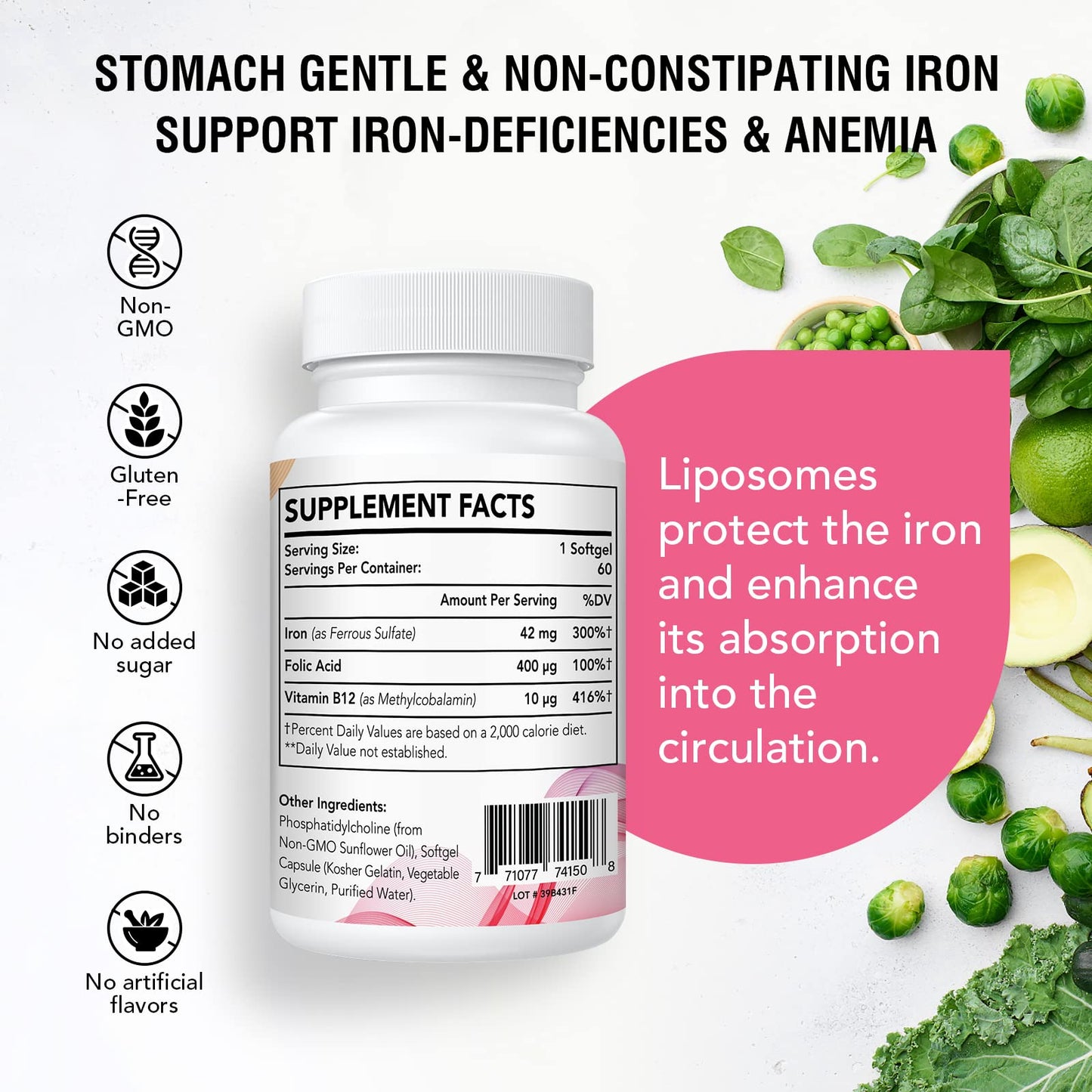 Liposomal Iron Supplement 42 mg (as Ferrous Sulfate) with Folic Acid and Vitamin B12, Increase Iron Levels for Adults, Superior Absorbed and Stomach Friendly (Pack of 1)