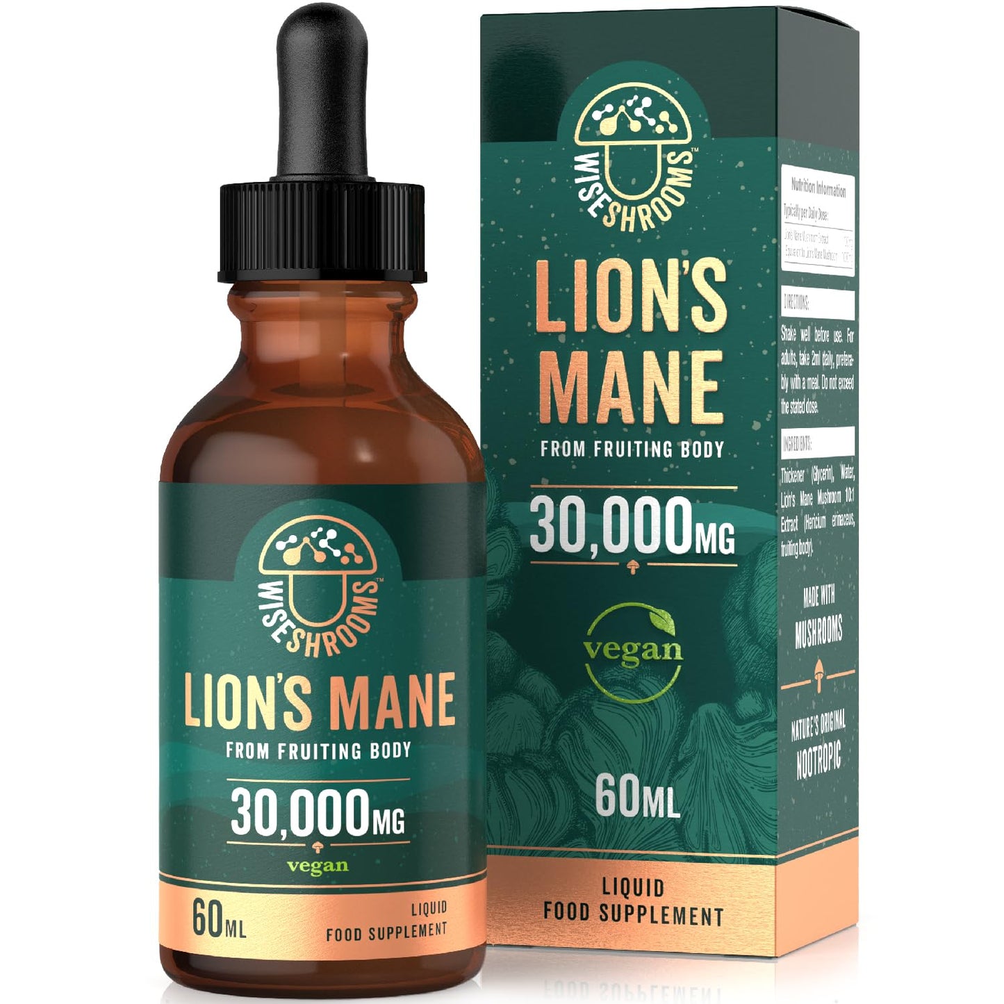 Lions Mane Supplement Liquid Drops 30,000mg | High Strength Lions Mane | from Fruiting Body | 60ml Bottle - Vegan | Wiseshrooms