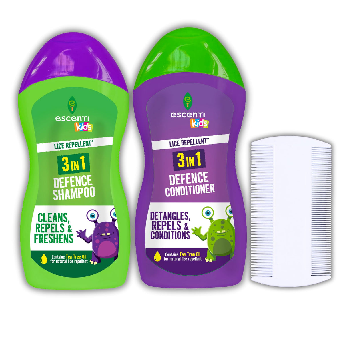 Great British Home Escenti Kids 3in1 Head Lice Prevention Set - 1 x Head Lice Shampoo for Kids, 1 x Conditioner and 1x Lice Combs - Complete and Effective Nit Treatment for Kids with Natural Tea Tree Oil