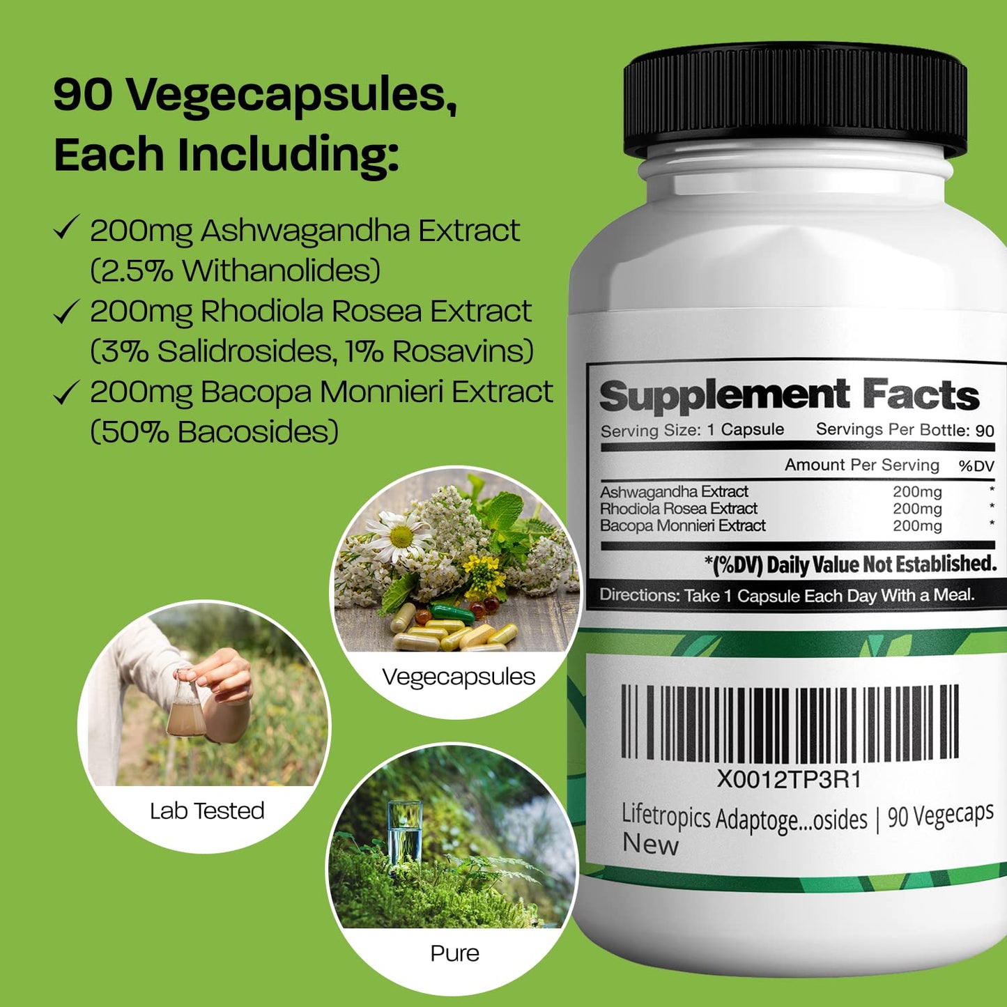 Lifetropics Adaptogen Complex | Plant-Based Supplement | Contains Ashwagandha, Rhodiola Rosea, Bacopa Monnieri | Rich in Withanolides, Salidrosides, Rosavins, Bacosides | 90 Vegecaps