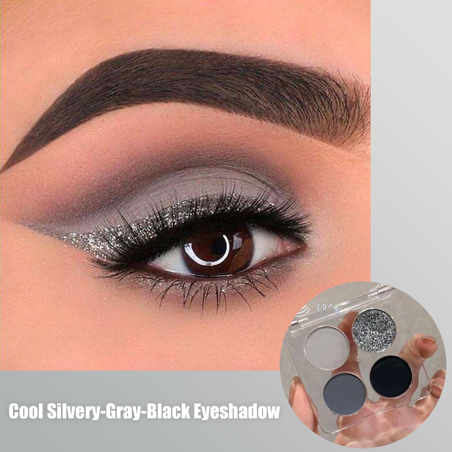 LYNTYAOU Black Gray Silver Smoky Eyeshadow Palettes Set, Goth Eye Shadow Shimmer Mate Palette, Cool Make-Up Palettes for Women Glitter Make up Set, Festival Eyeshadows 4 Colour Pigmented with Brush