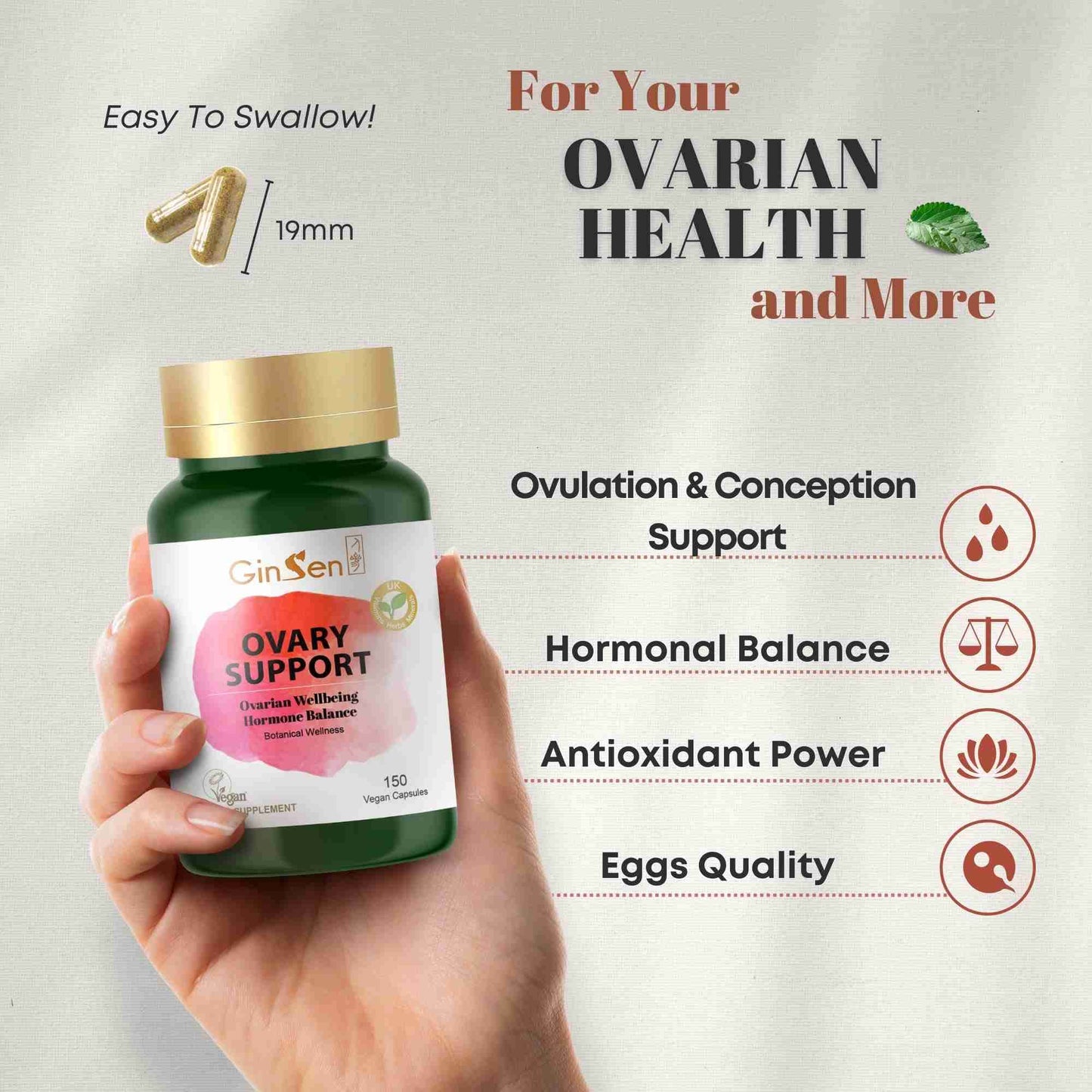 OvarySupport for Women’s Ovarian Health, Natural Hormonal Restore, 150 Capsules, Vegan Approved Supplement, Herbal Extract&Vitamins Made in UK
