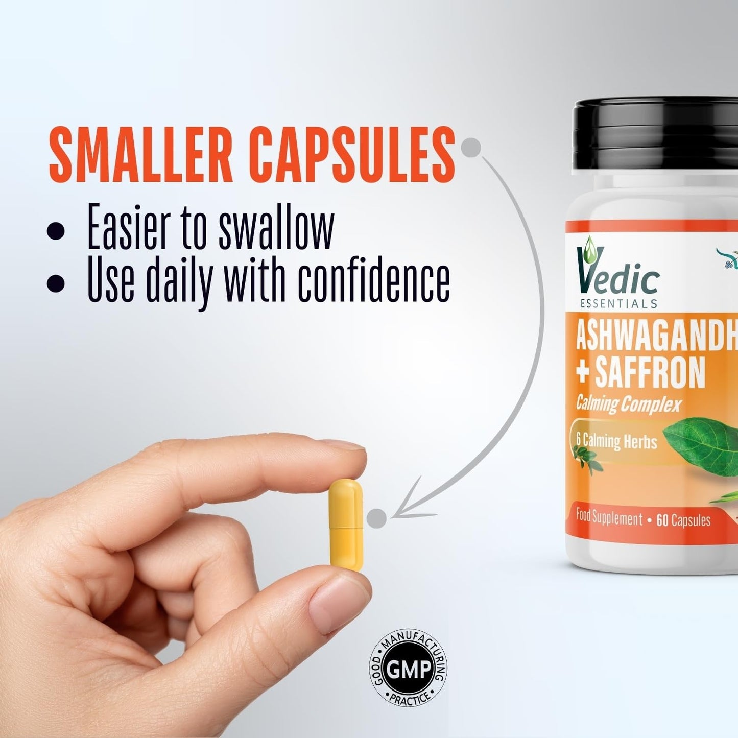 Vedic Essentials Vedic Ashwagandha-Saffron Calming Complex | 6 Herbs Blend- Ashwagandha Boosted with Saffron, Chamomile, Hops, Inositol & Schisandra Berry | High Strength 2290mg | Premium, Vegan, 60 Capsules