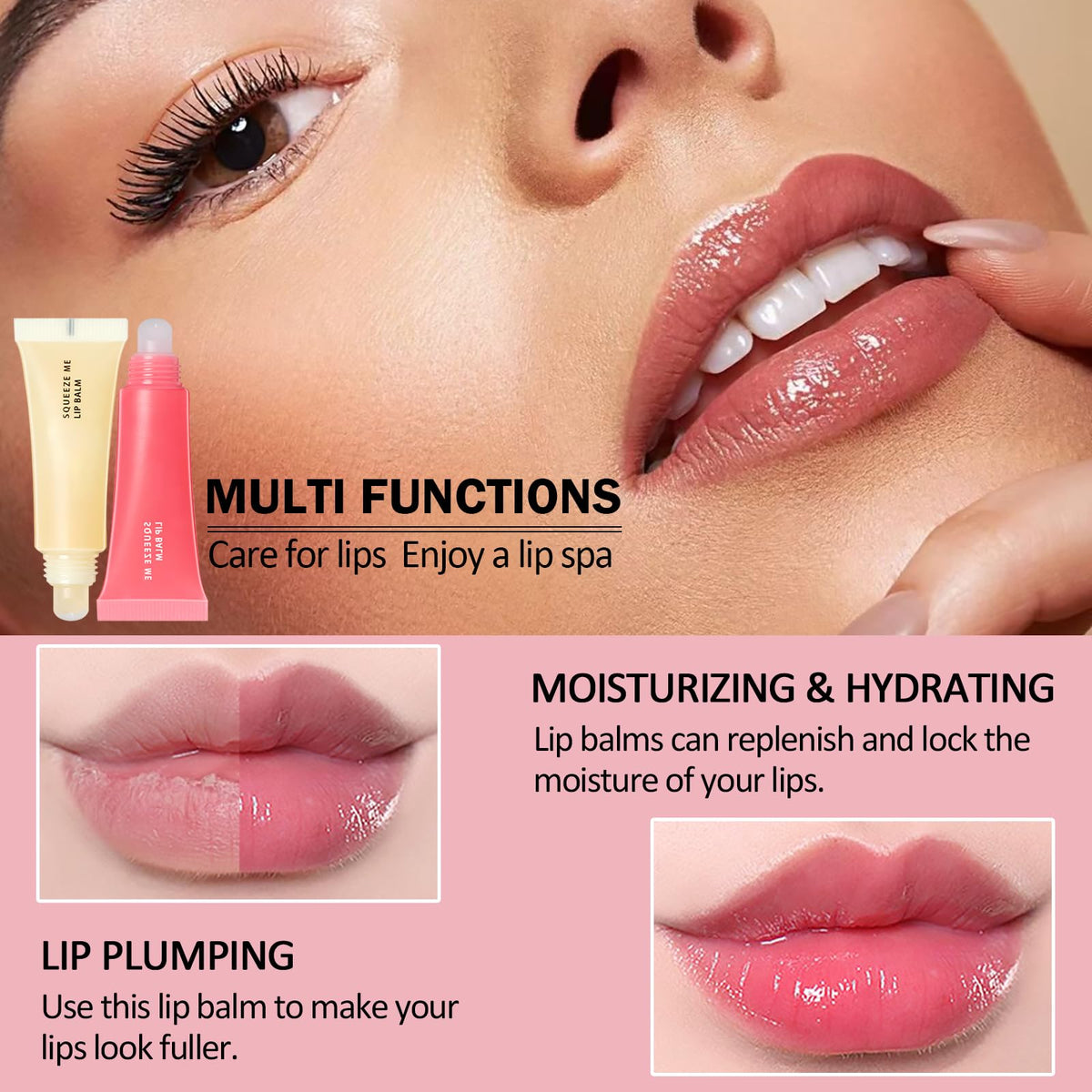 Prreal 2PCS Lip Balm Set, Moisturizing Lip Mask, Glossier Lip Balm, Strawberry Honey Lip Oil, Squeeze Lip Balms, Juicy Bomb Lip Gloss for Lip Care(Honey+Strawberry)
