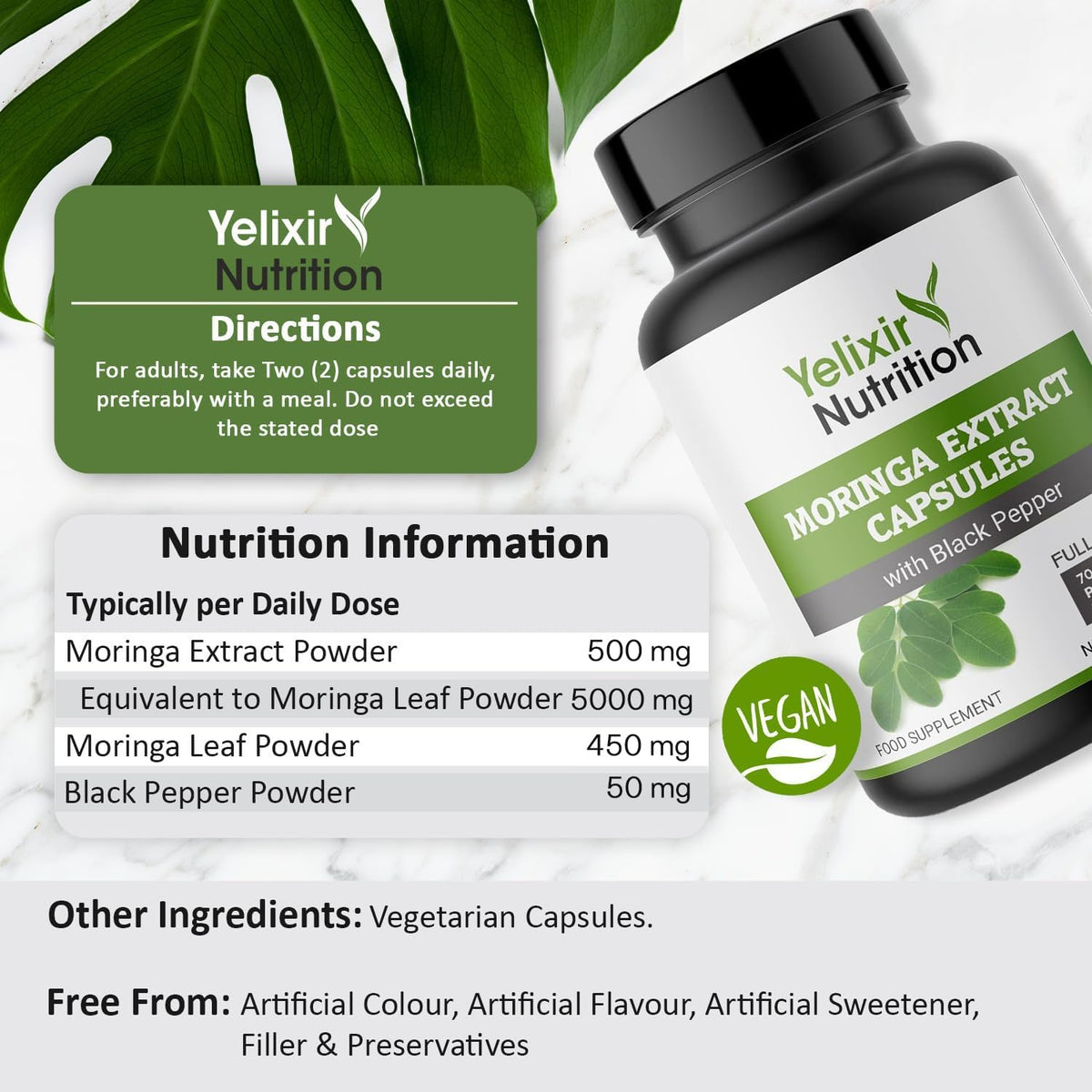 Yelixir Nutrition Moringa Capsules 5450mg, 120 Vegan Capsules, High Strength Moringa Leaf Extract with Black Pepper, Pure Formula with No Added Fillers