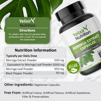 Yelixir Nutrition Moringa Capsules 5450mg, 120 Vegan Capsules, High Strength Moringa Leaf Extract with Black Pepper, Pure Formula with No Added Fillers