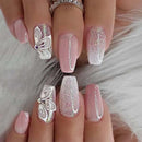 TMUT 24pcs Short Coffin False Nails Pink White Ombre Press on Nails Glitter Pink Stick on Nail with Flower Design Removable Glue-on Acrylic Full Cover Fake Nail Tips Women Spring Summer Accessories