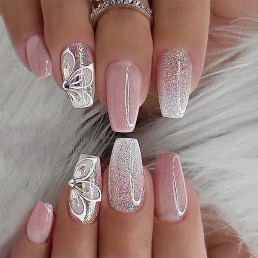 TMUT 24pcs Short Coffin False Nails Pink White Ombre Press on Nails Glitter Pink Stick on Nail with Flower Design Removable Glue-on Acrylic Full Cover Fake Nail Tips Women Spring Summer Accessories