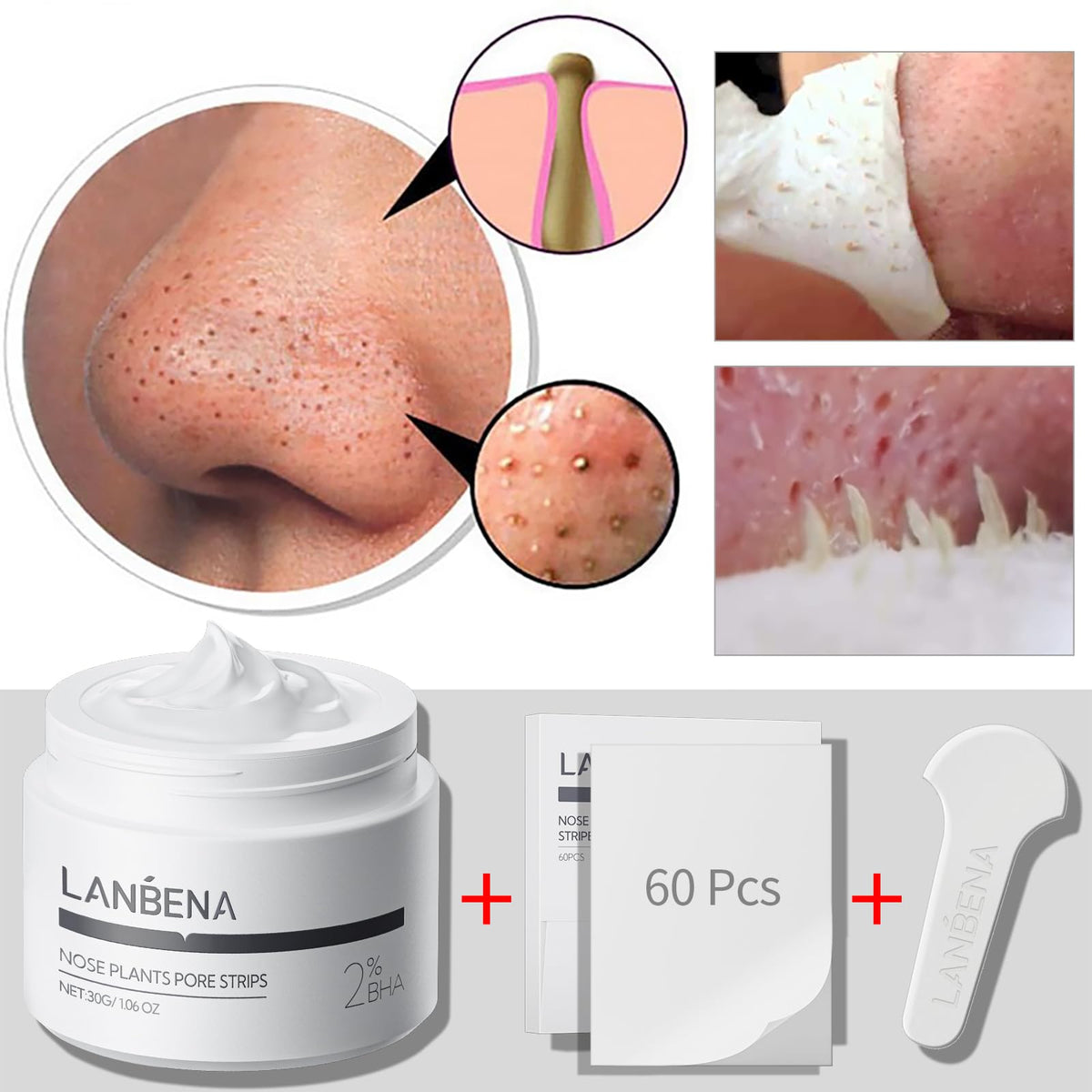 LANBENA Blackhead Mask (30g), 60 Pieces Nose Pore Strips, Note: Cream Goes Dry out/Gunk below 25 Degrees, Place Bottle in Boiling Water to Soften