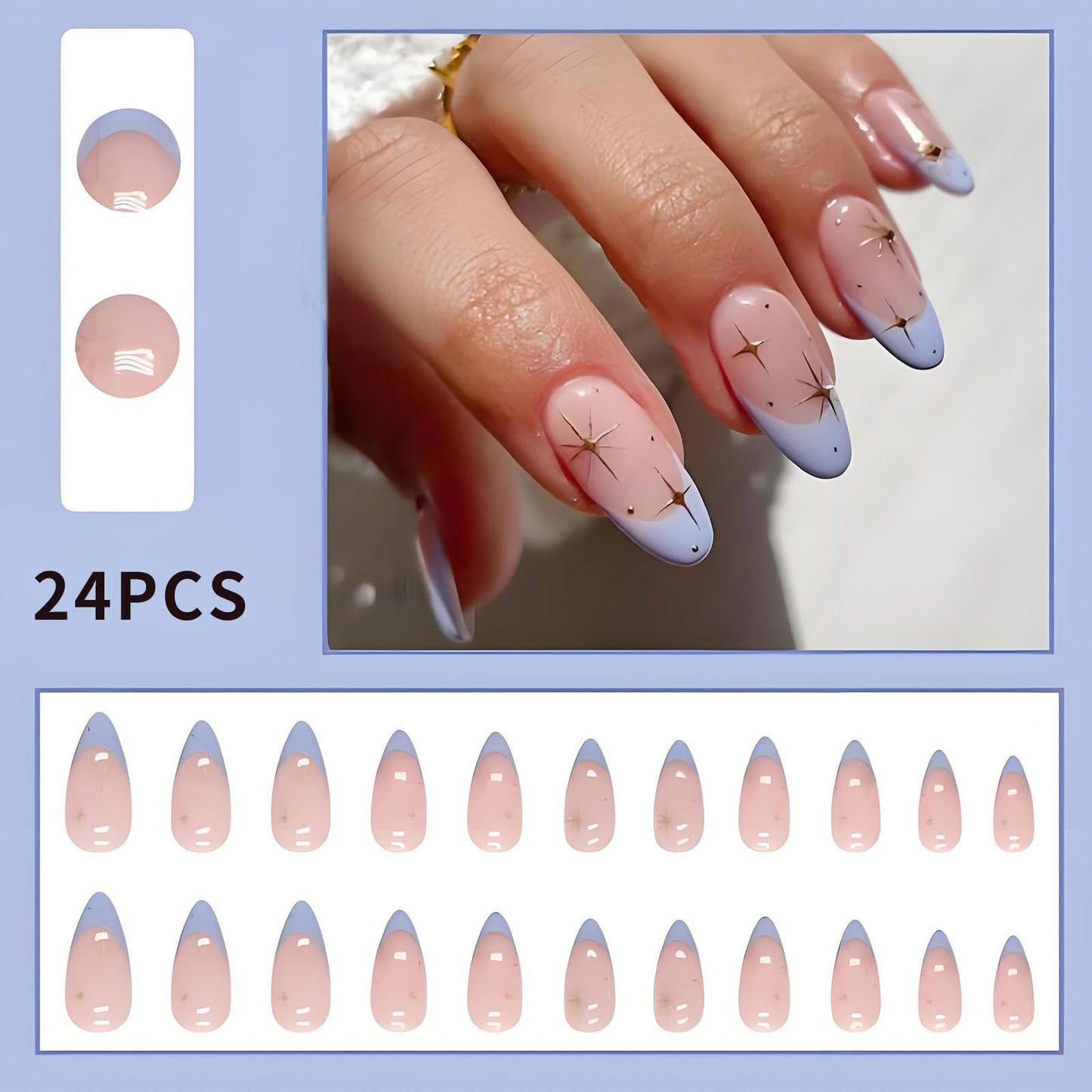 Generic Twilight Sky Lavender French Almond Nail Tips With Gold Star Accents - Short Glossy High-Shine Artificial Manicure Set For Elegant Women Includes Application Tools, Premium Acrylic False Nails