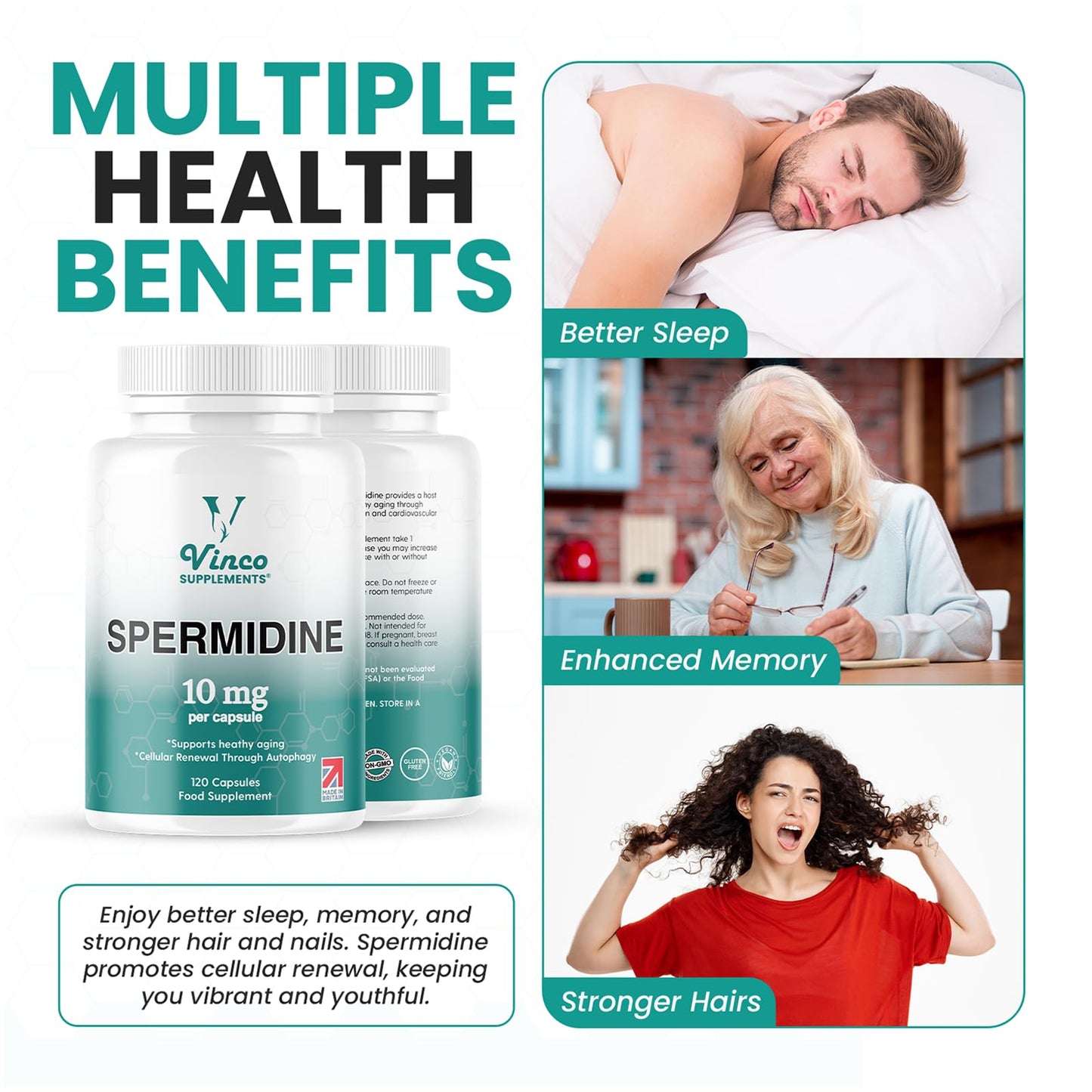 Vinco Supplements Vinco Spermidine Supplement - 10mg x 120 High Strength Spermidine Capsules - 99% Purity - Supports Healthy Ageing & Longevity - Non GMO & Gluten Free - Made in The UK