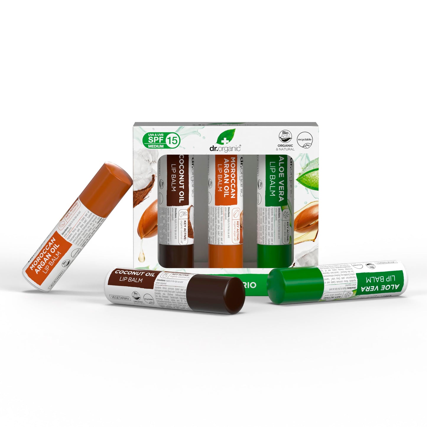 Dr. Organic Dr Organic Lip Balm Gift Set, Moisturising, SPF 15, Assorted Multipack with Aloe Vera, Argan Oil, Coconut Oil, Natural, Vegetarian, Cruelty-Free, Paraben & SLS-Free, Organic, 5.7ml
