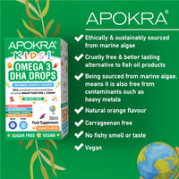Omega 3 Vegan DHA Drops for Kids - 50mL - No Fishy Taste - Preservative Free and Sugar Free. Sustainable Algal Alternative to Fish Oil | APOKRA Kids