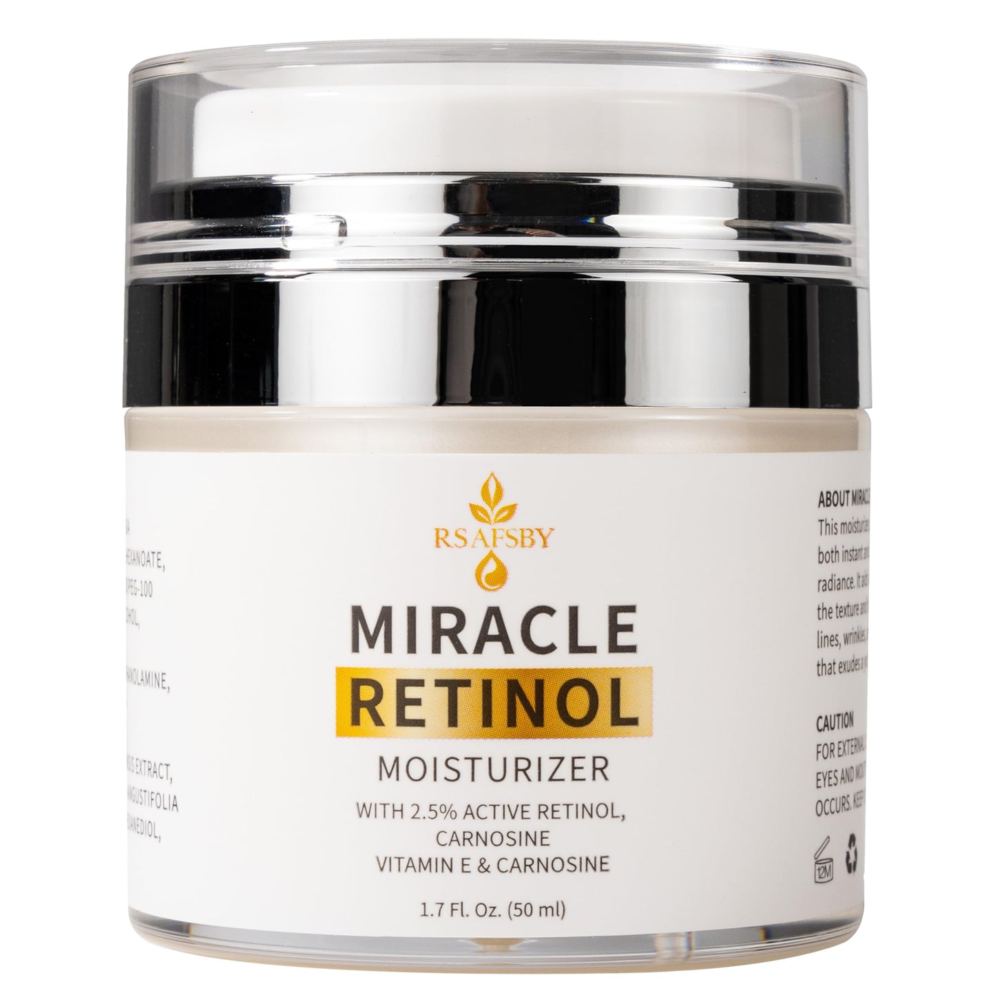 RSAFSBY Miracle Retinol Moisturizer – 2.5% Active Retinol, Vitamin E & Carnosine – Anti-Aging Face Cream for Fine Lines, Wrinkles & Dark Spots – Day & Night Hydrating Cream – 50ml