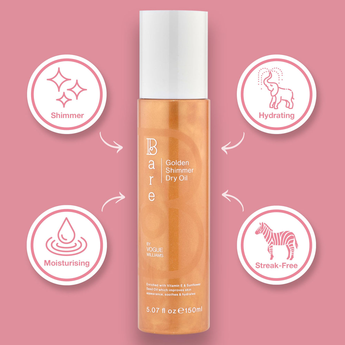 LUNA BY LISA JORDAN Bare by Vogue Golden Shimmer Dry Oil - Moisturise and Hydrate your Skin with Gorgeous Sparkle - Lightweight & Quick-Drying Face & Body Shimmer Oil, 150ml