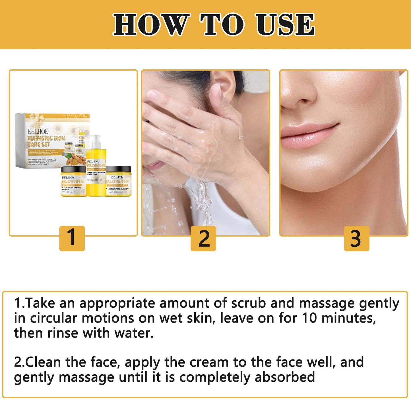 Turmeric Glow Combo, Glow Turmeric Skin Care Set with Turmeric Face Wash Turmeric Glow Scrub Turmeric Face Cream for Deep Cleaning, Brightens and Firms Skin, Helps to Reduce Acne and Dark Spots