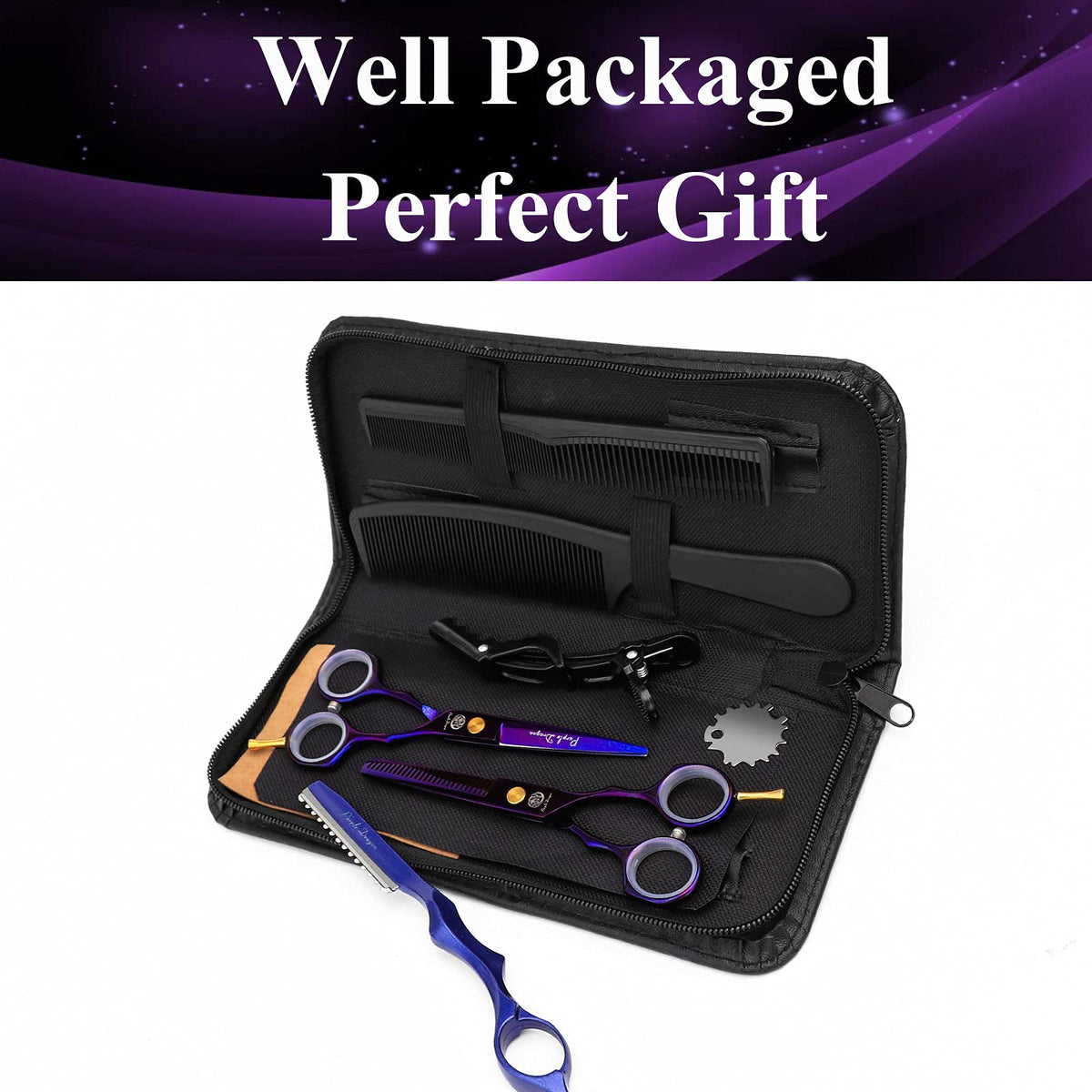 Purple Dragon Purple Hairdressing Scissors Set 5.5 Inch Hair Cutting & Thinning Scissors Kit for Men Women Kids Home Salon Barber