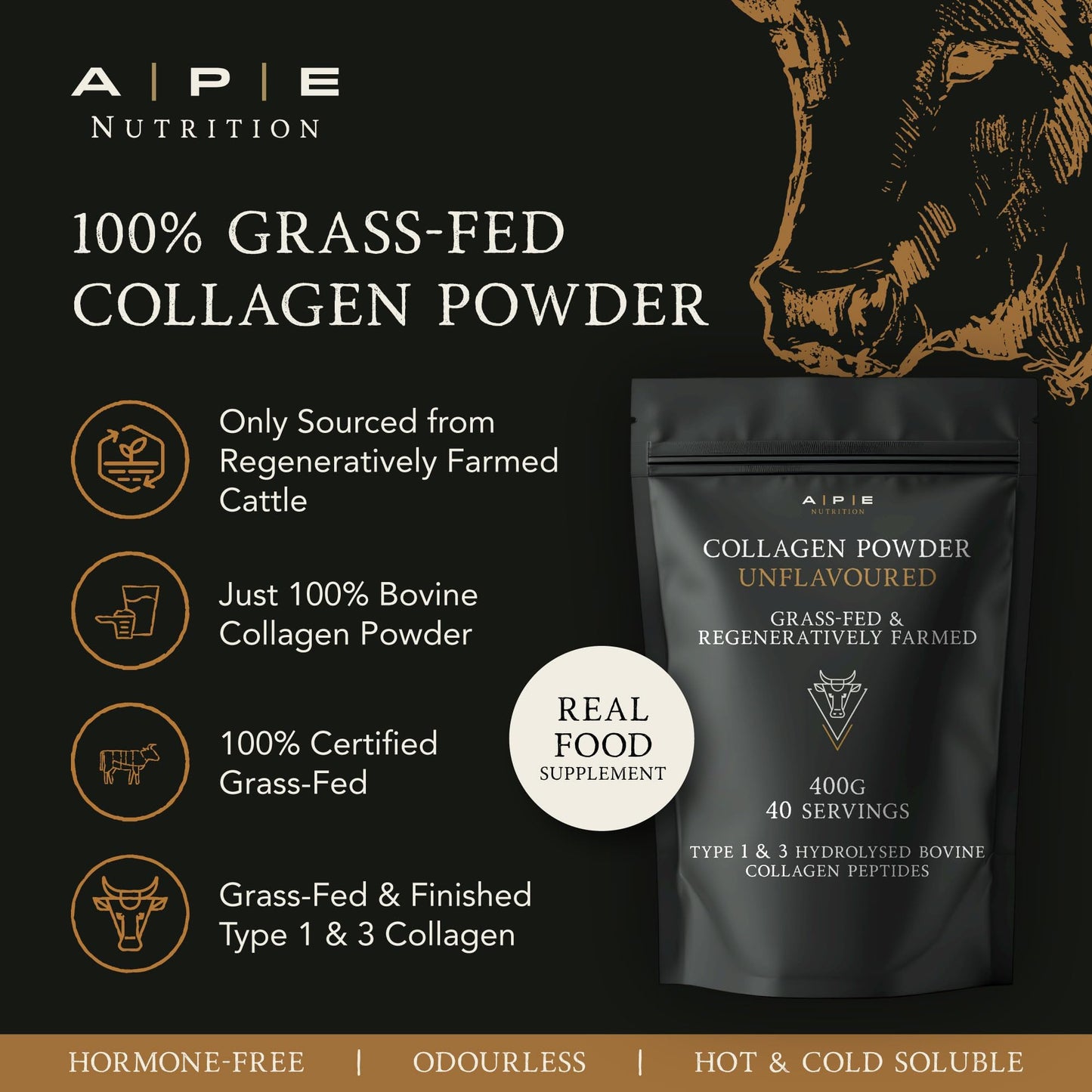 A | P | E APE Nutrition Collagen Powder Peptides 400g | 100% Grass-Fed Unflavoured Bovine | 40 Servings | Type 1 & 3 Ancestral High Protein Premium Supplement | for Women & Men Hair, Skin, Muscle & Nail Health