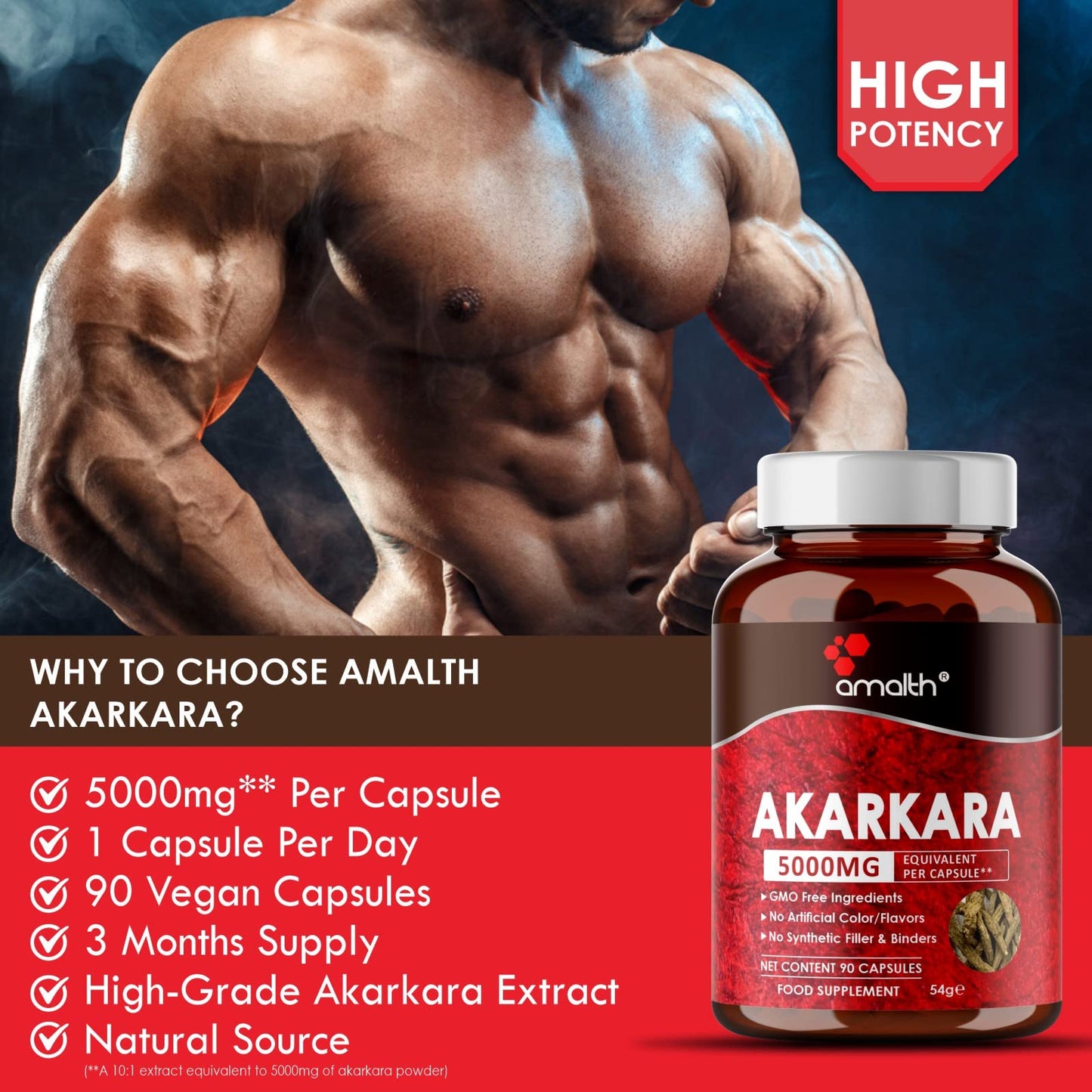 AMALTH Amalth Akarkara Anacyclus Pyrethrum Extract Supplements for Naturally Supports Your Stamina, Strength and Build Lean Muscle Mass- 500mg- 90 Capsules