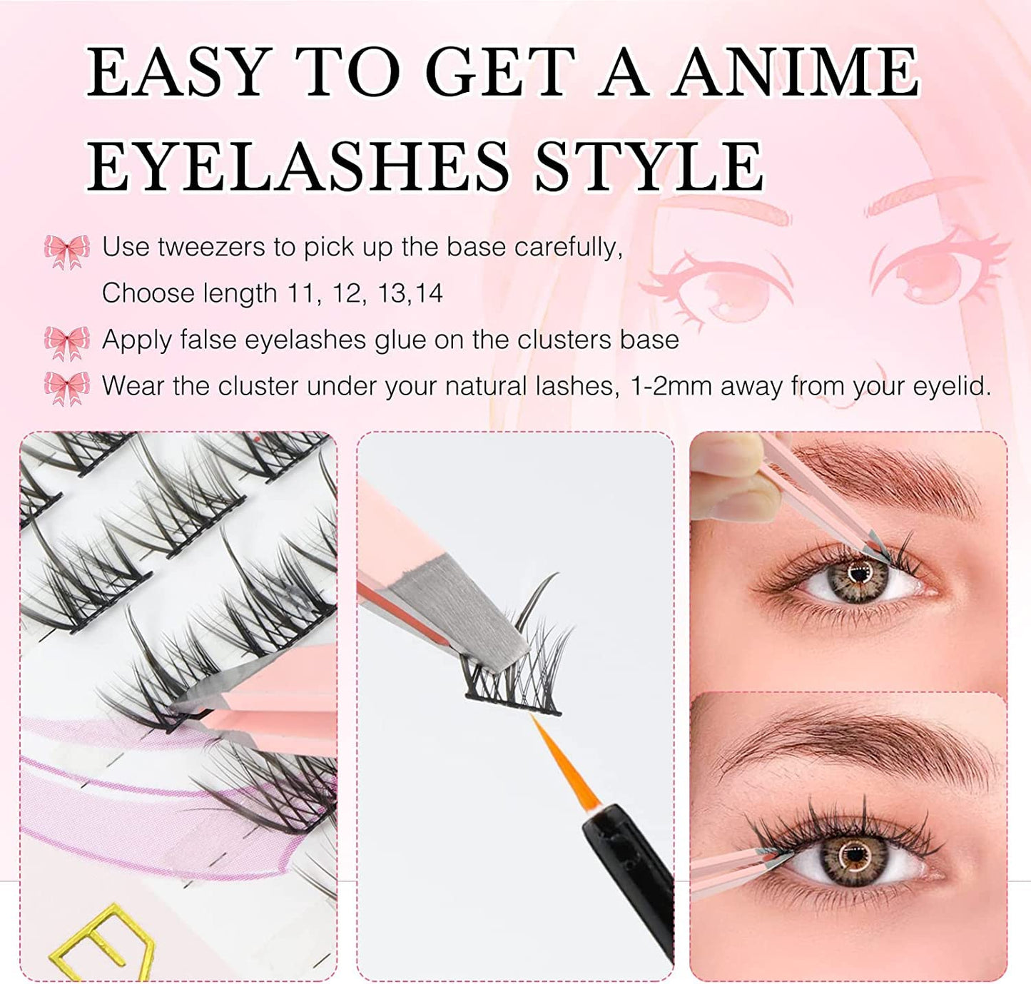 EMEDA Cluster Lashes Anime 70 Pcs DIY False Eyelashes C Curl Individual Lashes 11mm Manga Lashes DIY Eyelash Extensions Thin Band Natural Cluster Lash Kit (11mm)