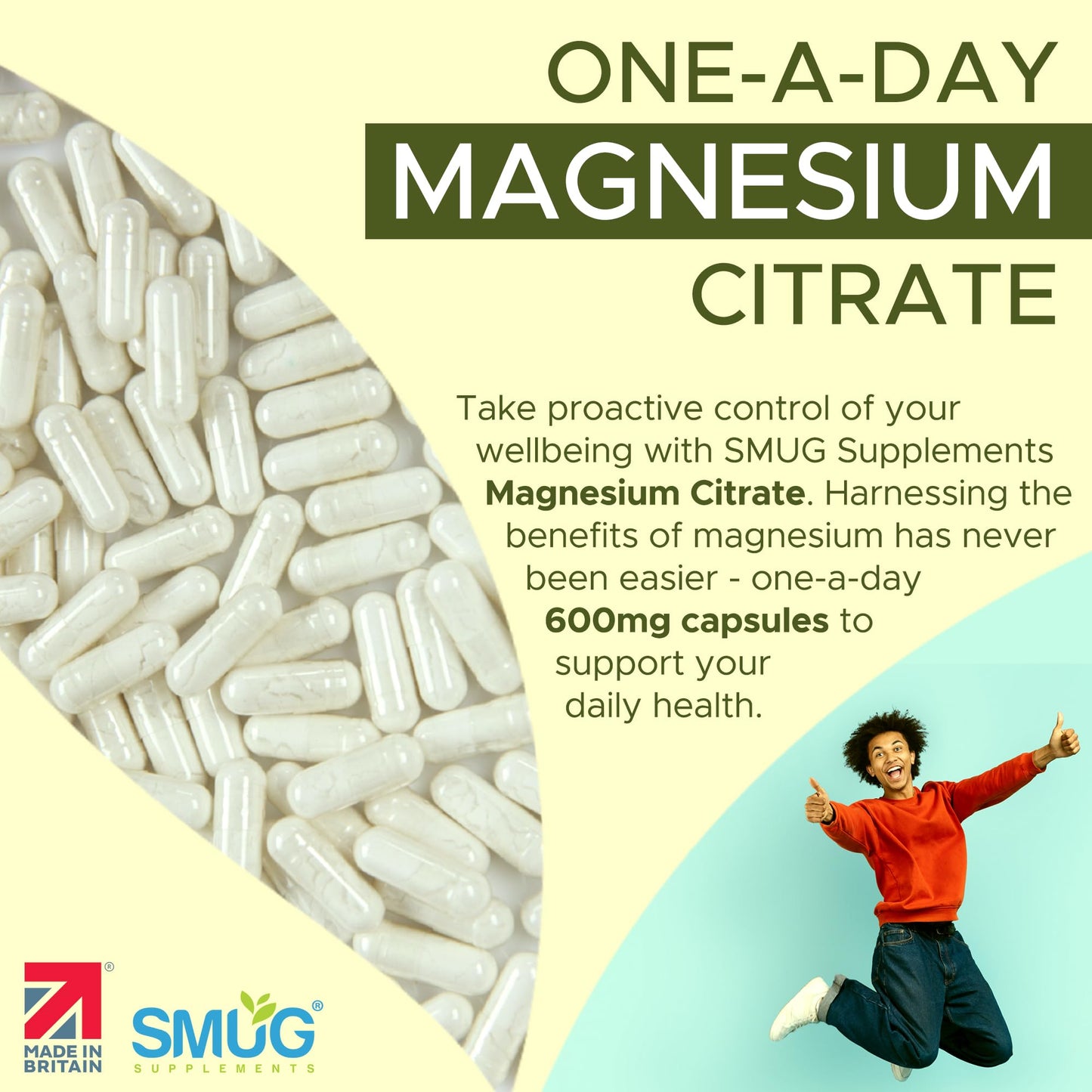 Magnesium Citrate 600mg – 180mg Elemental Magnesium – 90 Vegan Capsules – Daily Supplement – Made in Britain – SMUG Supplements